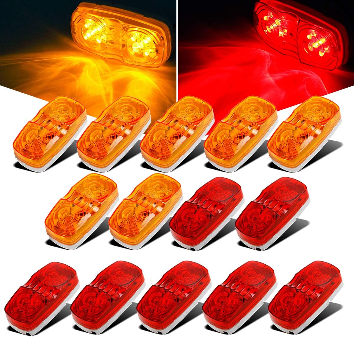 Partsam 14x Trailer RV Marker LED Light Double Bullseye 10 Diodes Clearance Light Red/Amber,[DOT Approved] 4x2 Tiger Eye/Double Bubble 12V Rectangular LED Side Marker Light Surface Mount Camper Truck Amber/Red Lens