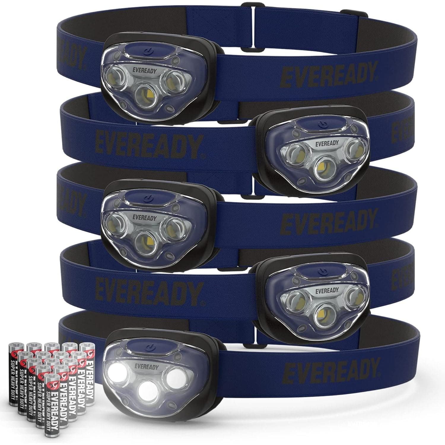 EVEREADY LED Headlamps Pro200 [5-Pack], IPX4 Water Resistant, Bright and Durable Head Lights for Camping, Hiking, Emergency Power Outage (Batteries Included) Navy Blue (5-Pack)