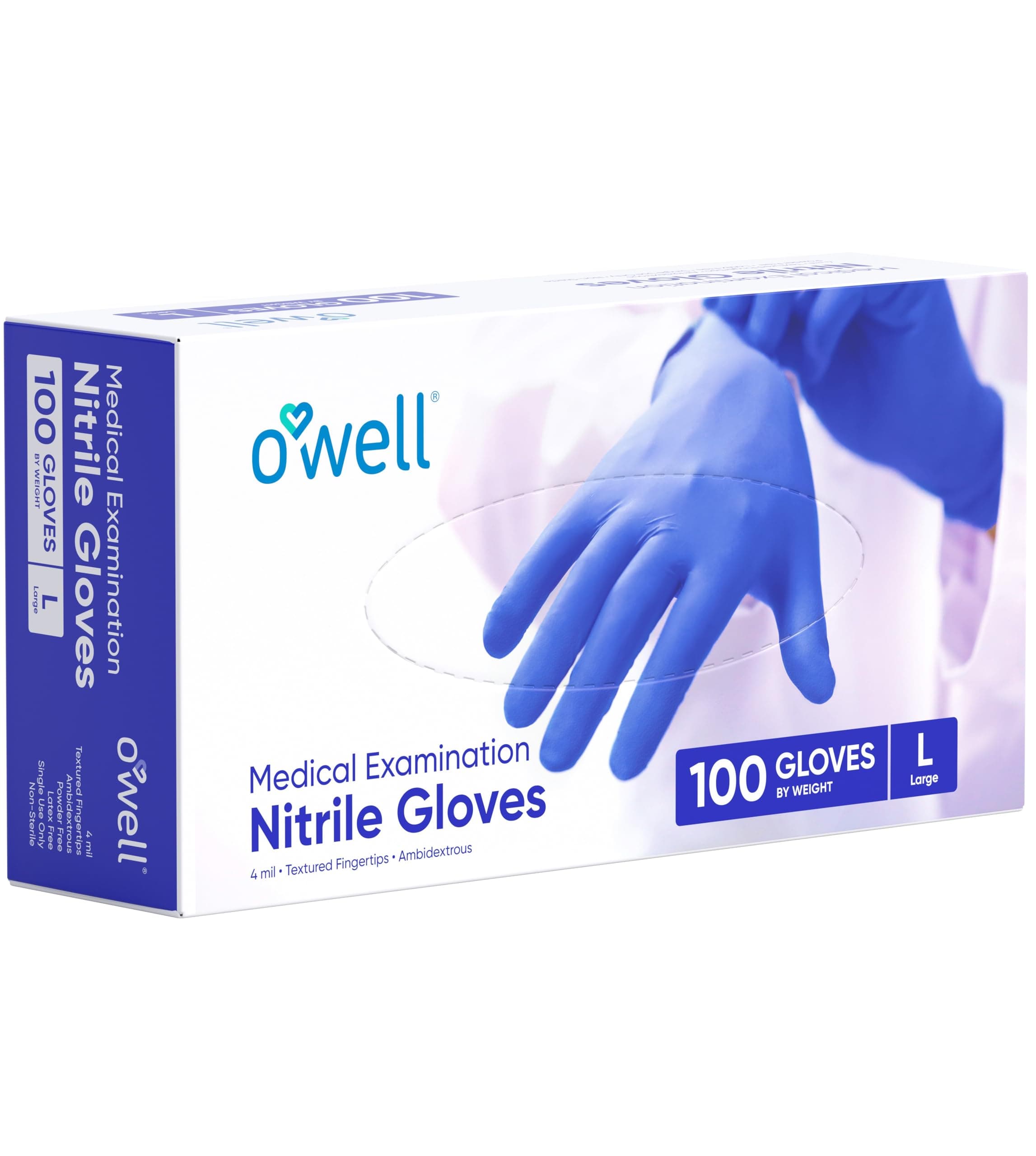 OWELL® Blue Medical Exam Nitrile Gloves – 4 Mil, Powder-Free, Latex-Free, Chemo Rated, Drug Resistant Disposable Gloves Large - 100 Count