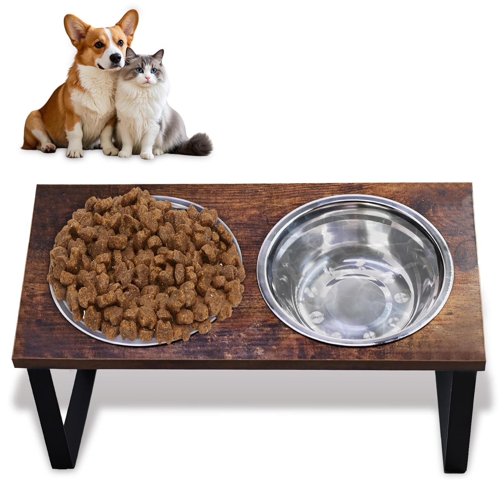 Elevated Dog Food and Water Bowl Set, Large Dog Bowl with Stand, Rustic Wooden Raised Feeder with Stainless Steel Bowls, Tilted Design for Medium and Large Dogs (Black)