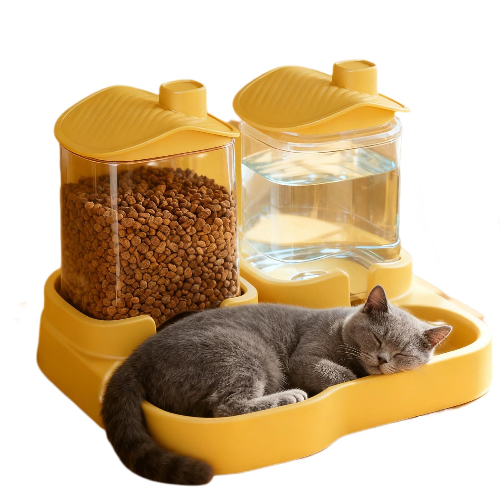 Automatic Cat Feeder, Dog Food and Water Bowl Set, Automatic Pet Feeder and Waterer Combo, 4L Cat Food Dispenser With, Gravity-Based Feeder for Cats and Small Dogs, No Need Electricity (Yellow)