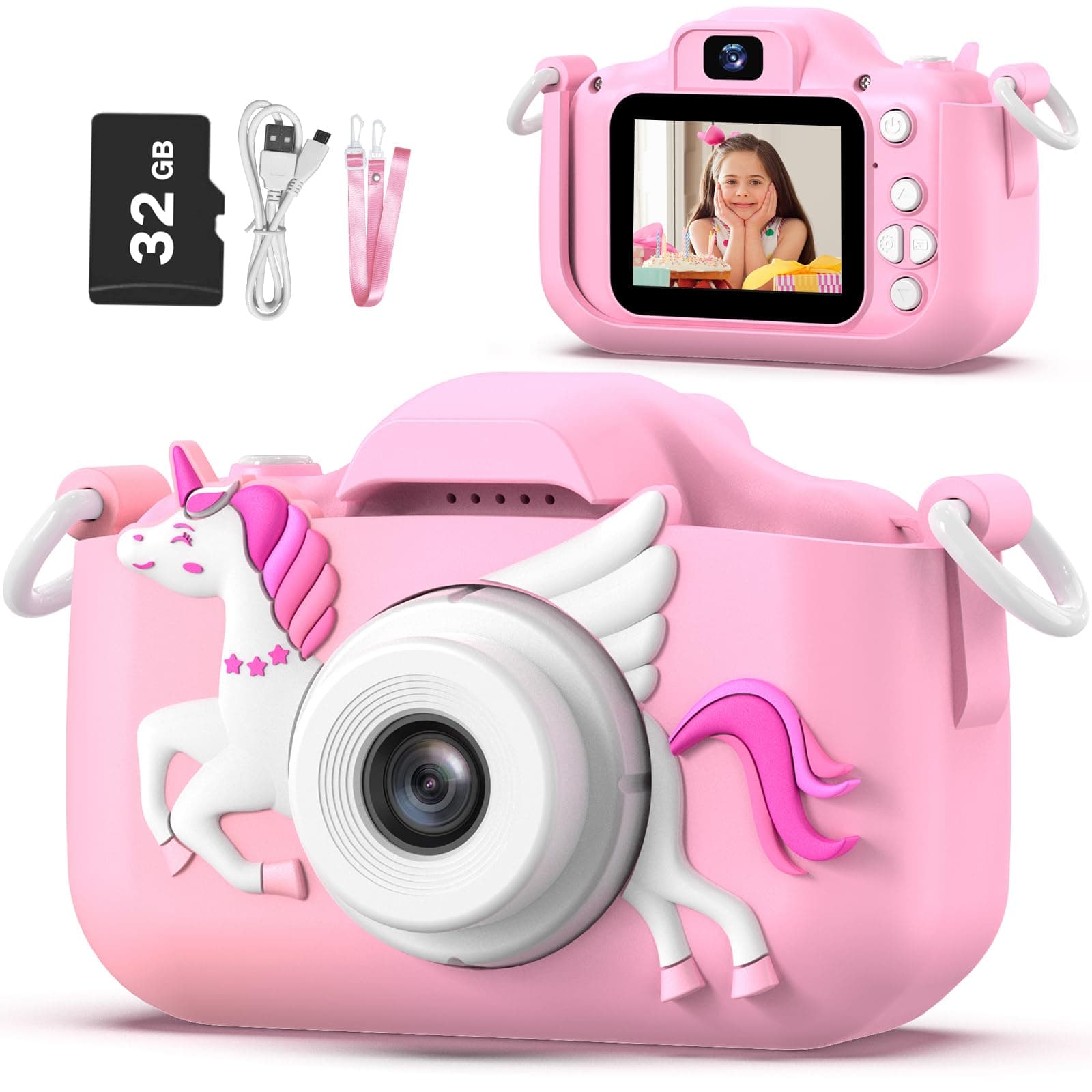 Unicorn Kids Camera for Girls, Selfie 3-12 Years Old Girls Christmas Birthday Gift Little Toys 3 4 5 6 7 8 9 (Pink)