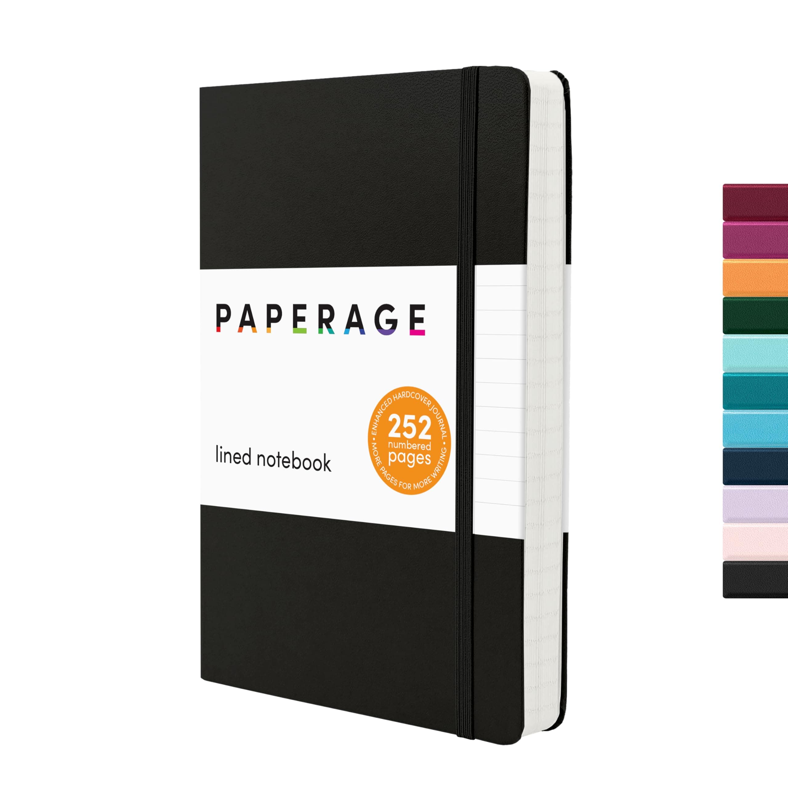 PAPERAGE Lined Journal Notebook, (Black), 252 Pages, Medium 5.6 in x 8 in - 100 GSM Thick Paper – Hardcover Journaling Notebook for Work, School & Note Taking Lined 252 Pages Black