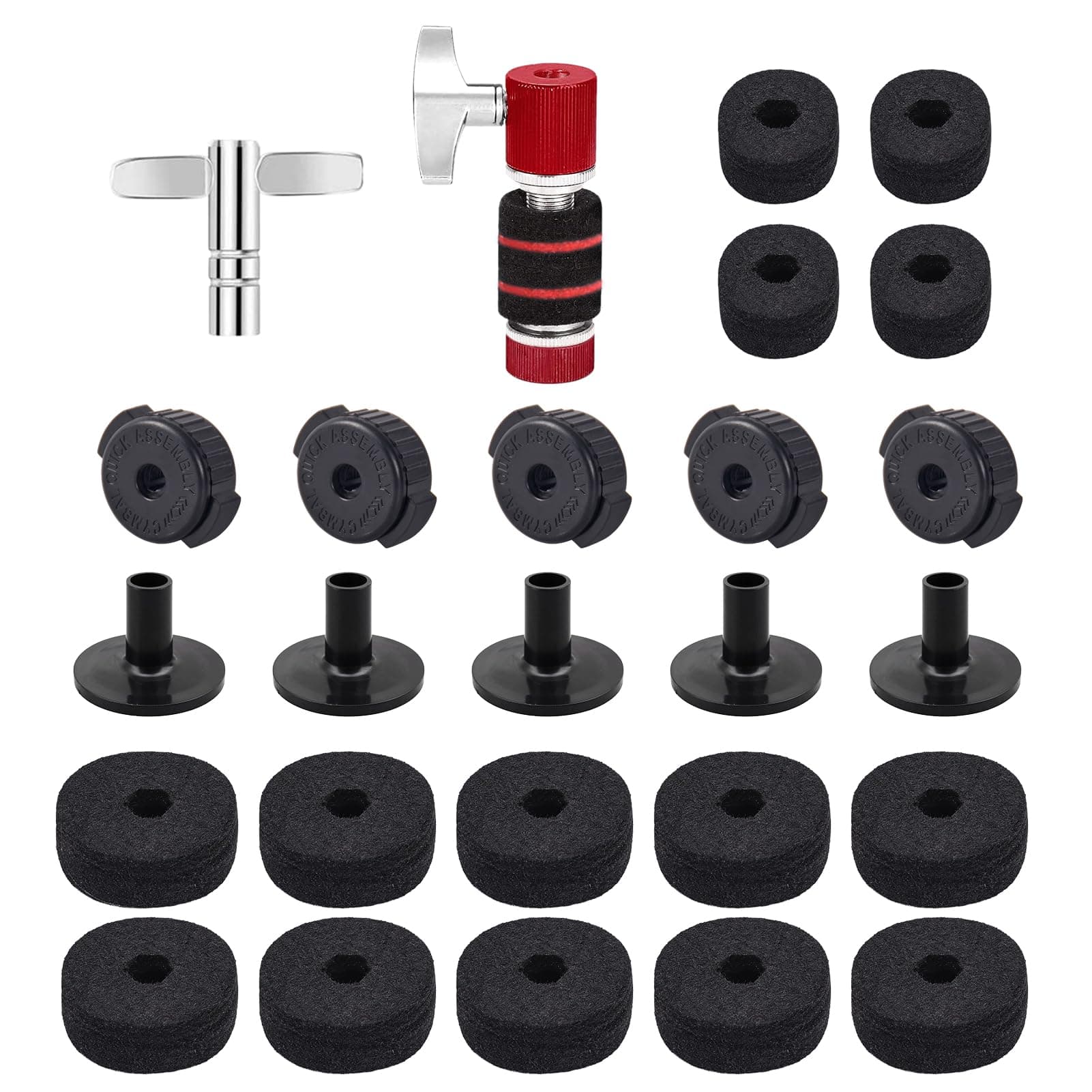 26PCS Cymbal Replacement Accessories, Standard Hi-Hat Clutch & Cymbal Stand Felts & Plastic Cymbals Nuts & Cymbals Sleeves & Clutch Felts and Drum Key T-Shape, Replacement for Drum Set