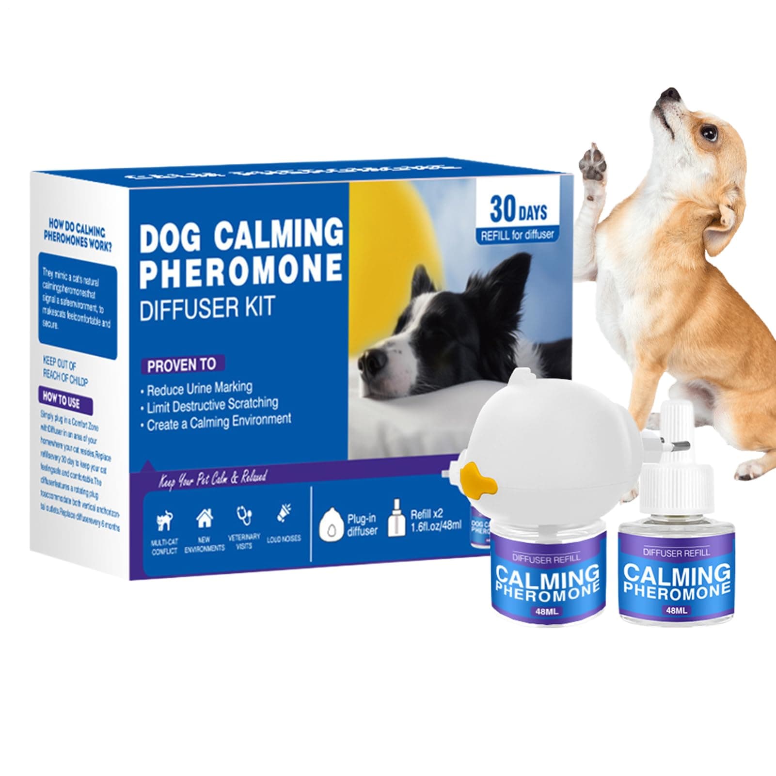 Dogs Pheromone Diffuser - Aggression Control Kit, Calming Pet Refill | Relaxant Device with Plug-in Feature Used During Stressful Indoor Situations, Outdoor Transitions, Puppy Adjustment Or Daily EU round plug 2 liquid +1 (dog model)