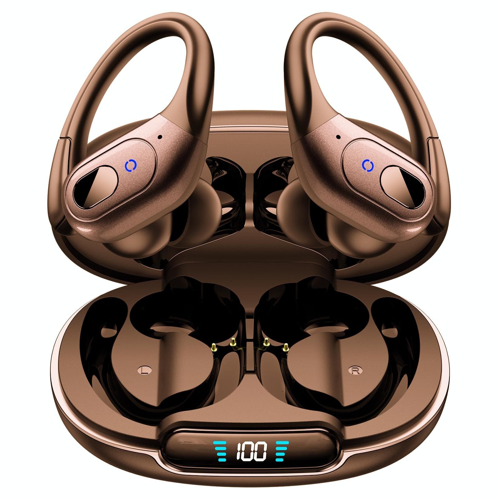 occiam Active Noise Cancelling Earbuds Wireless Bluetooth Headphones Ear Buds 90Hrs Playback Stereo Bass Earphones with Mic Over-Ear Hooks IPX7 Waterproof Headset for Work Sports Running Gym Brown