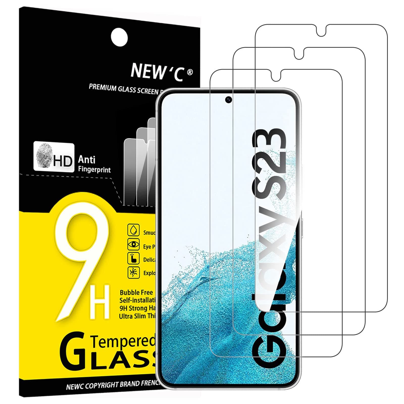 NEW'C 3 Pack Designed for Samsung Galaxy S23 Screen Protector Tempered Glass, Anti Scratch, Bubble Free, Ultra Resistant S23 6.1 inches Transparent