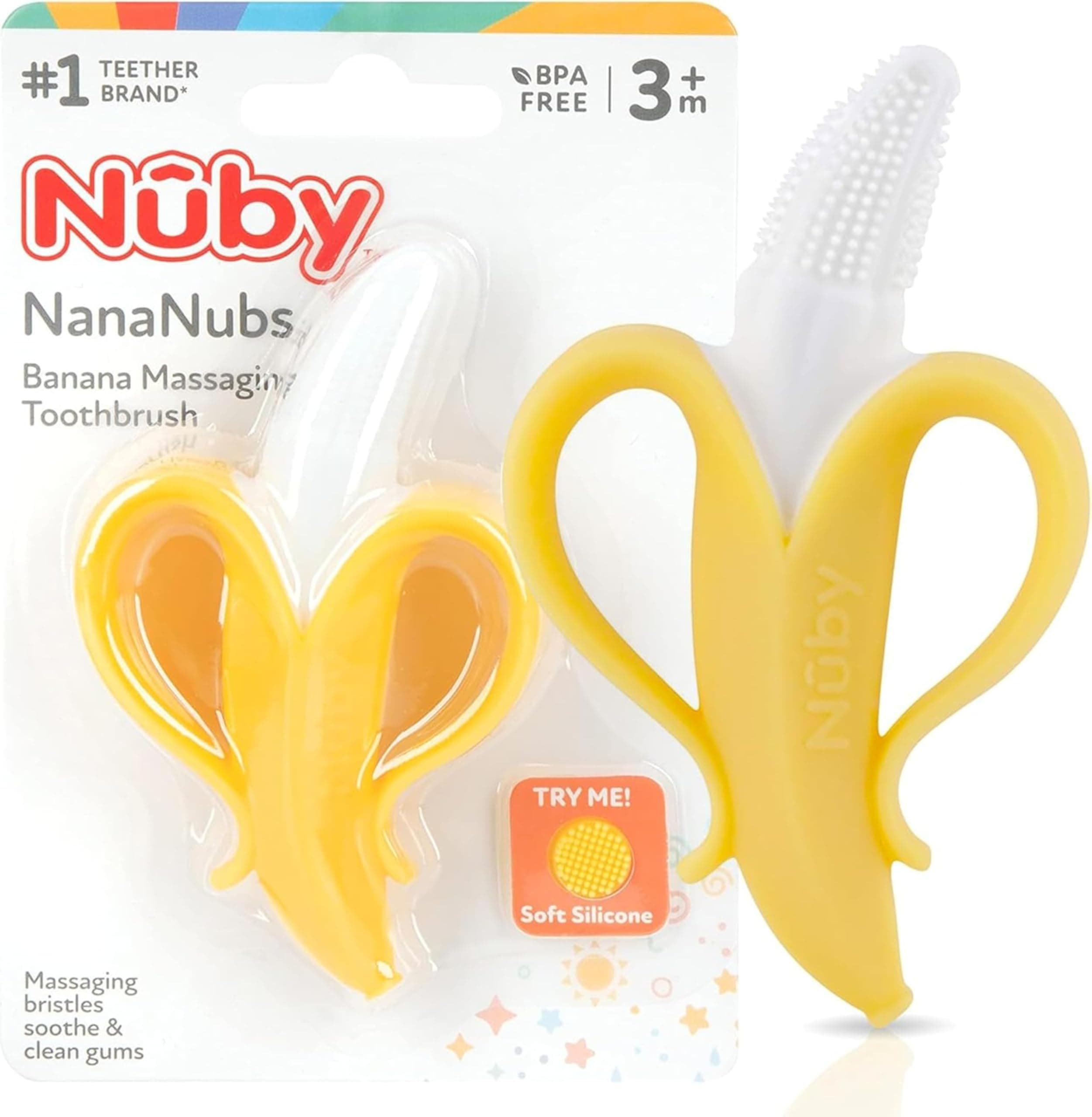 Nuby Nananubs Banana Massaging Teether – Baby Teething Toys 3 Months and Up, Silicone Teether for Sore Gums, Infant Toy, Baby Essentials, Brush, Travel Accessory, Gift for Babies 1 Count (Pack of 1)