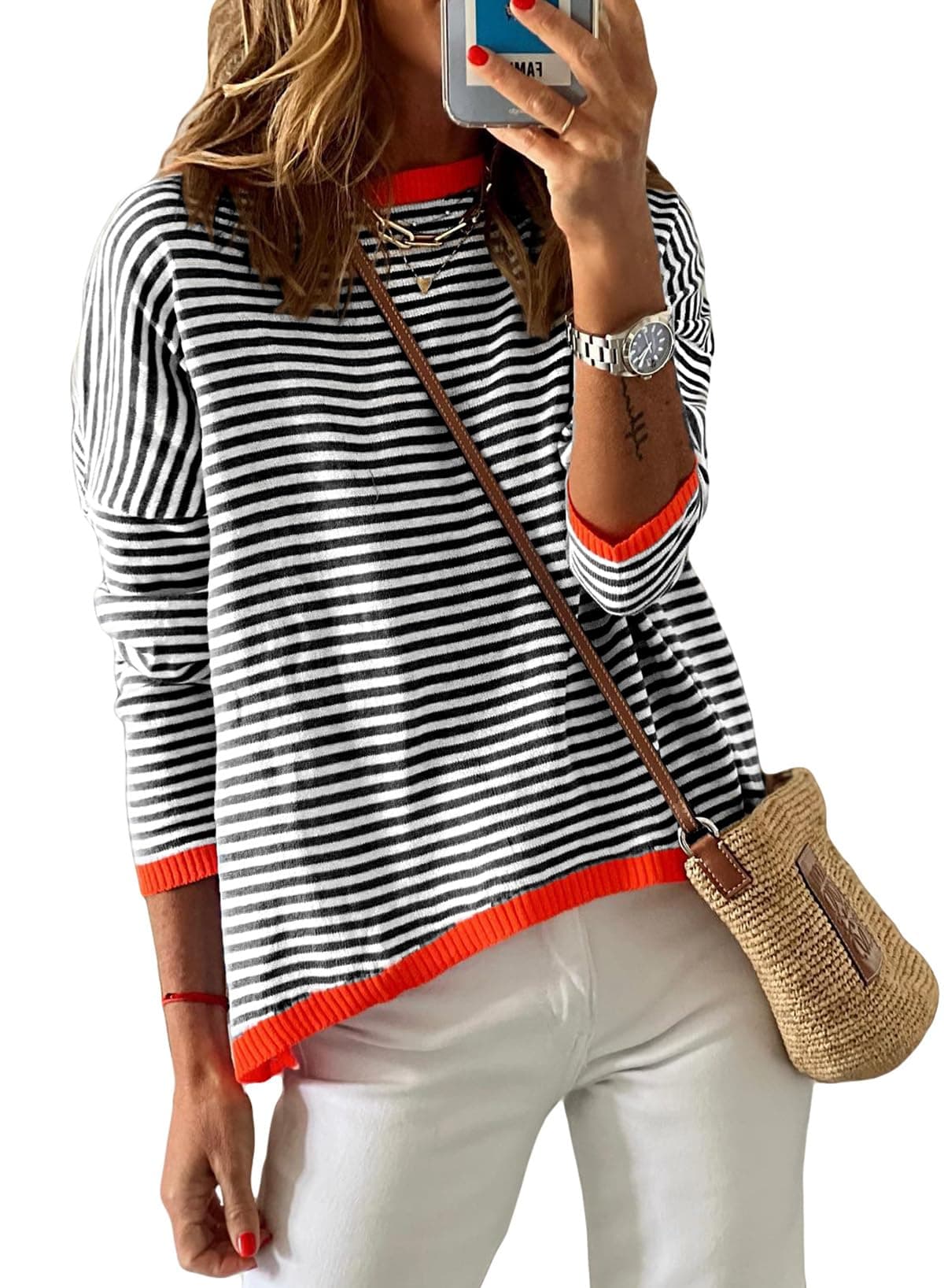 Womens Striped Lightweight Cotton Sweaters Long Sleeve Crew Neck Color Block Casual Knitted Pullover Tops Large Black White Placed Stripe