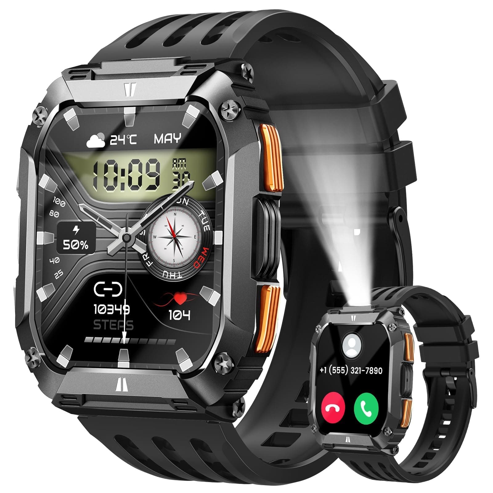 Smart Watches for Men, 1.95'' Fitness Watch: Military Smart Watch with 100 Days Battery Life/Call/Flashlight, Waterproof Sport Smartwatch for Android iPhone Sleep/SpO2/Heart Rate Monitor/Step Tracker Black