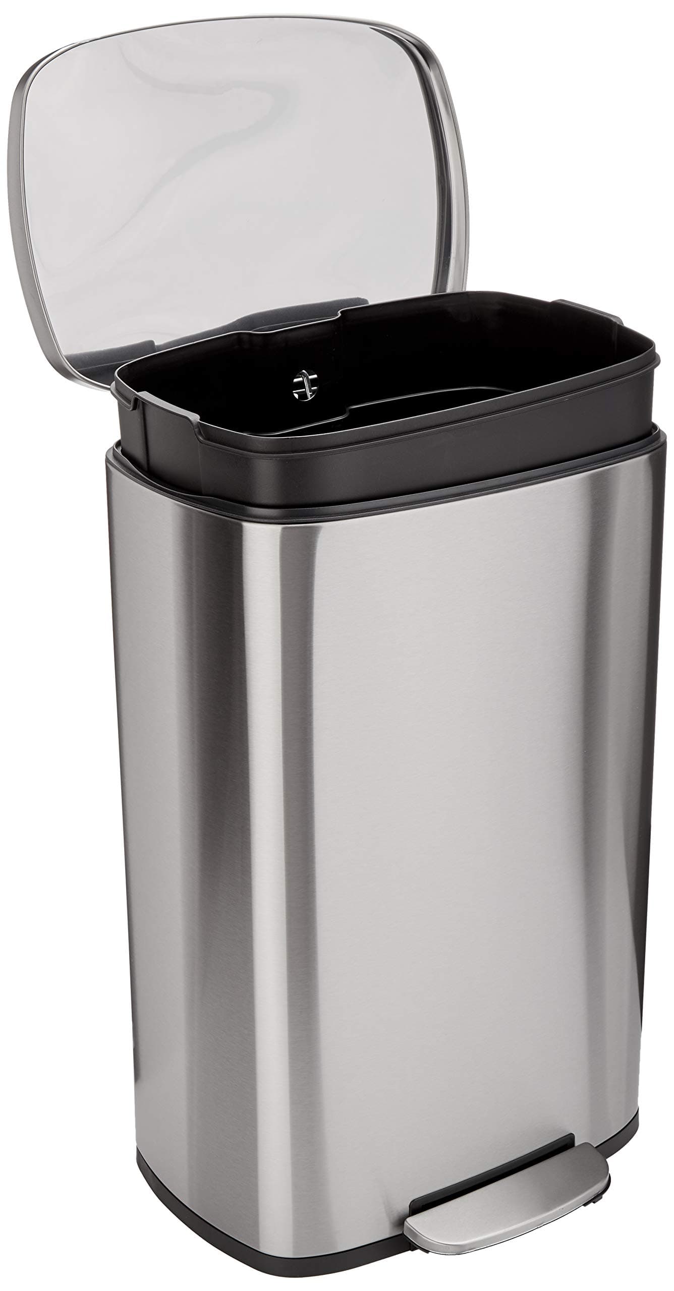 Amazon Basics Smudge Resistant Rectangular Trash Can With Soft-Close Foot Pedal, Brushed Stainless Steel, 50 Liter/13.2 Gallon, Satin Nickel Finish, 16.7"L x 14.7"W x 25.9"H ['Satin Nickel'] ['50 Liter']