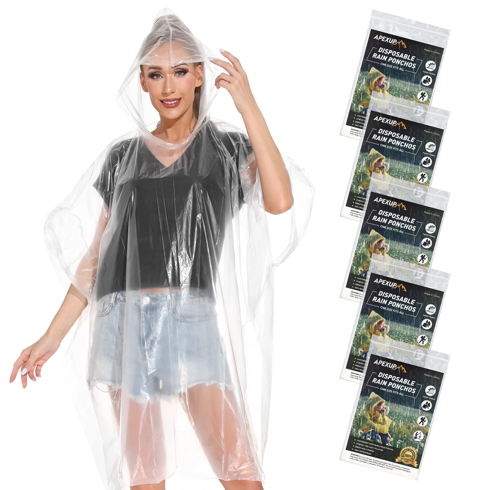 APEXUP Disposable Rain Ponchos for Adults, Emergency Rain Poncho for Camping Hiking Travelling Clear 5 Pack