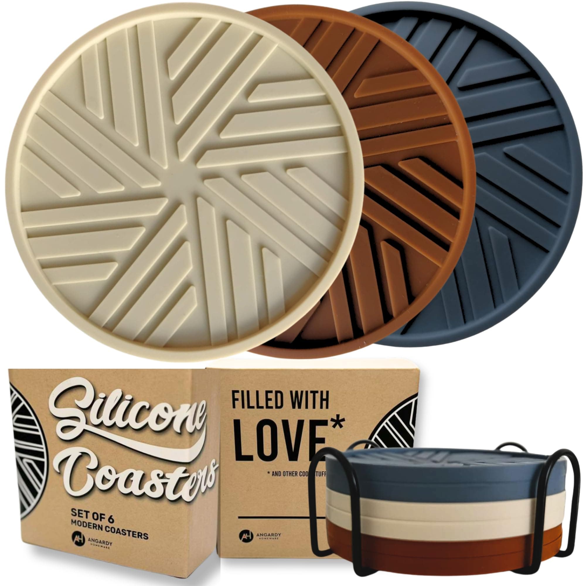 Silicone Coasters for Drinks -Set of 6 - with Smart, Modern, Groove Patterns & Gold Holder - Protection Your Coffee Table from Condensation Cups, Home Office Decor Boho Vintage Balanced Neutrals