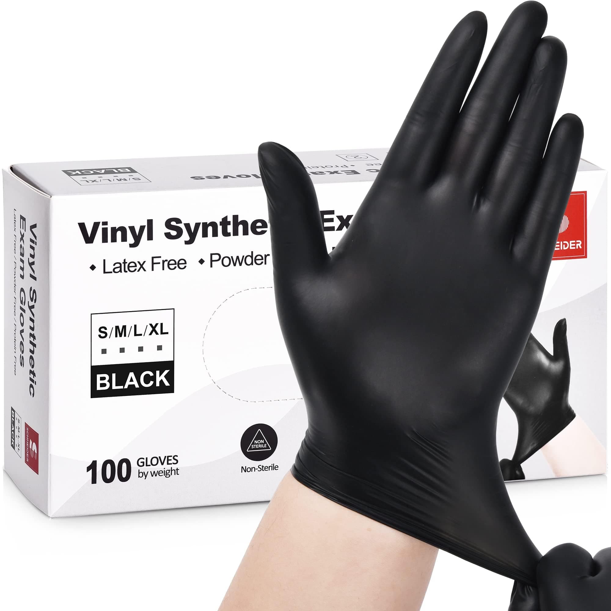 Schneider Vinyl Synthetic Exam Gloves, 4 Mil, Latex Free Disposable Gloves for Medical, Cooking, Cleaning, and Food Prep 03 Black(large 100)