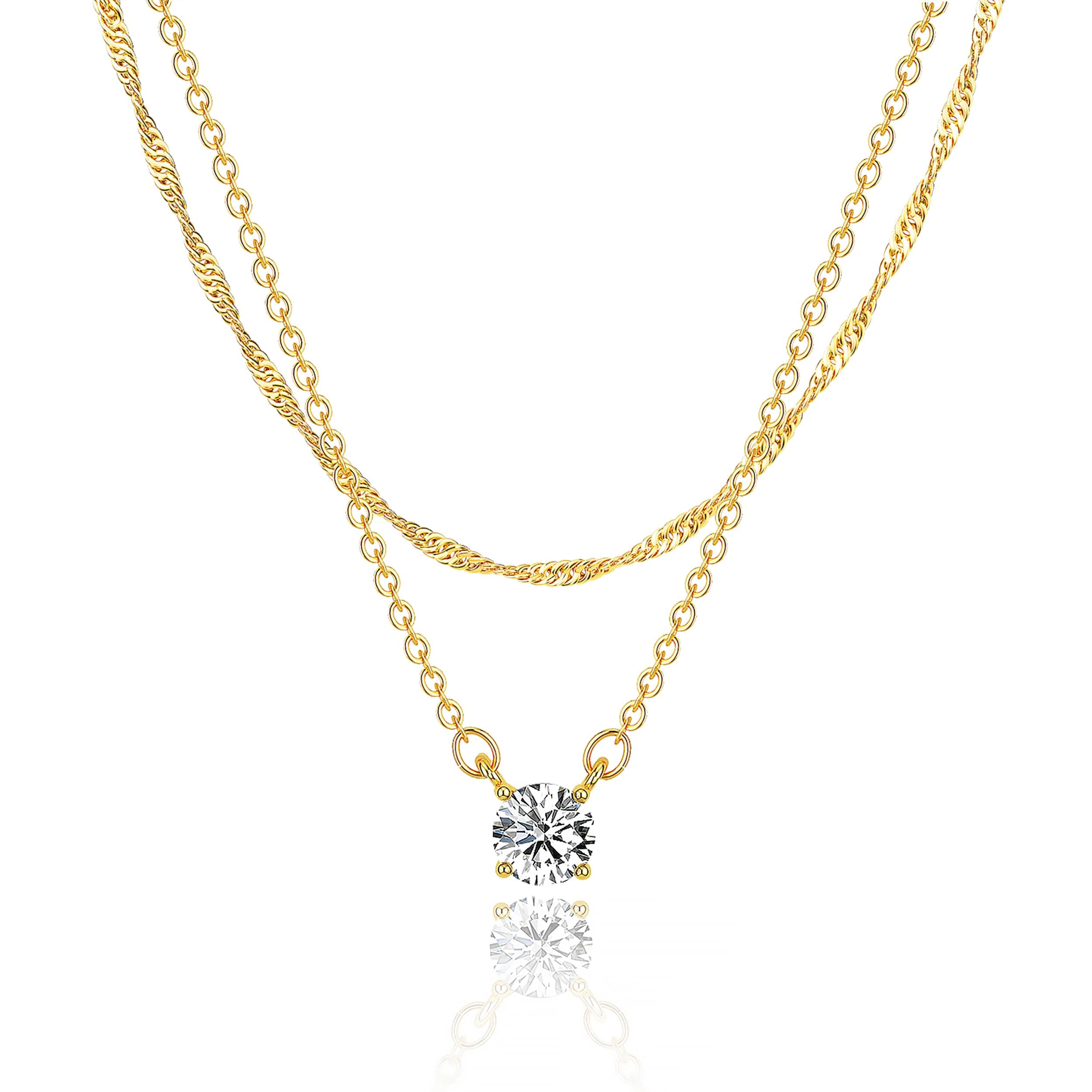 Tewiky Dainty 14k Gold Plated/Silver Cubic Zirconia Necklaces for Women, Simple CZ Jewelry Necklaces Trendy Gifts Brass Plated with 14K Gold Layered chain CZ