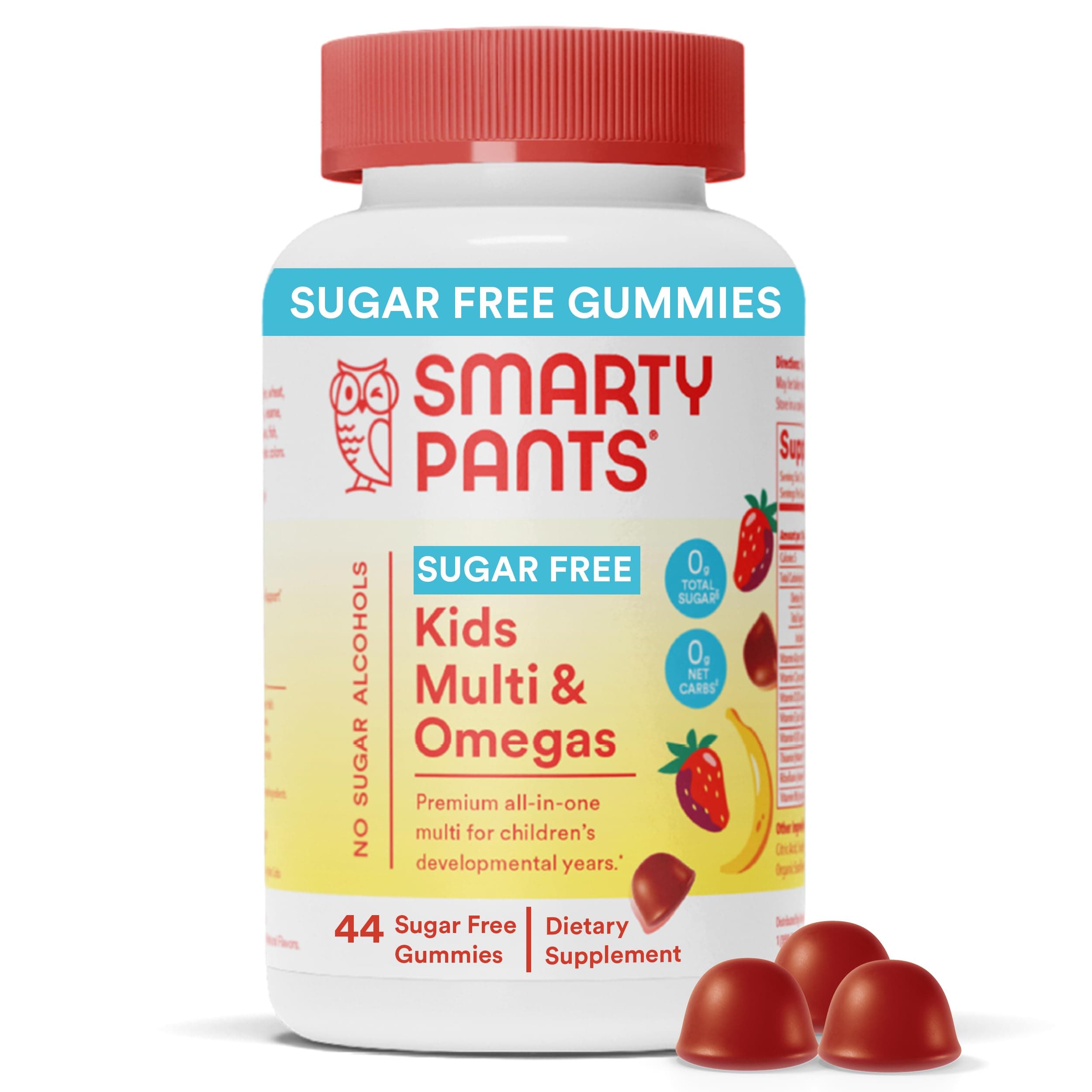 SmartyPants Kids Multivitamin Gummies, Sugar Free: Omega 3 (ALA), Vitamin D3, C, Vitamin B12, B6, A, K & Zinc for Immune Support, Biotin, Erythritol Free, Strawberry Banana, 44 Count (22 Day Supply) 44 Count (Pack of 1) Sugar Free