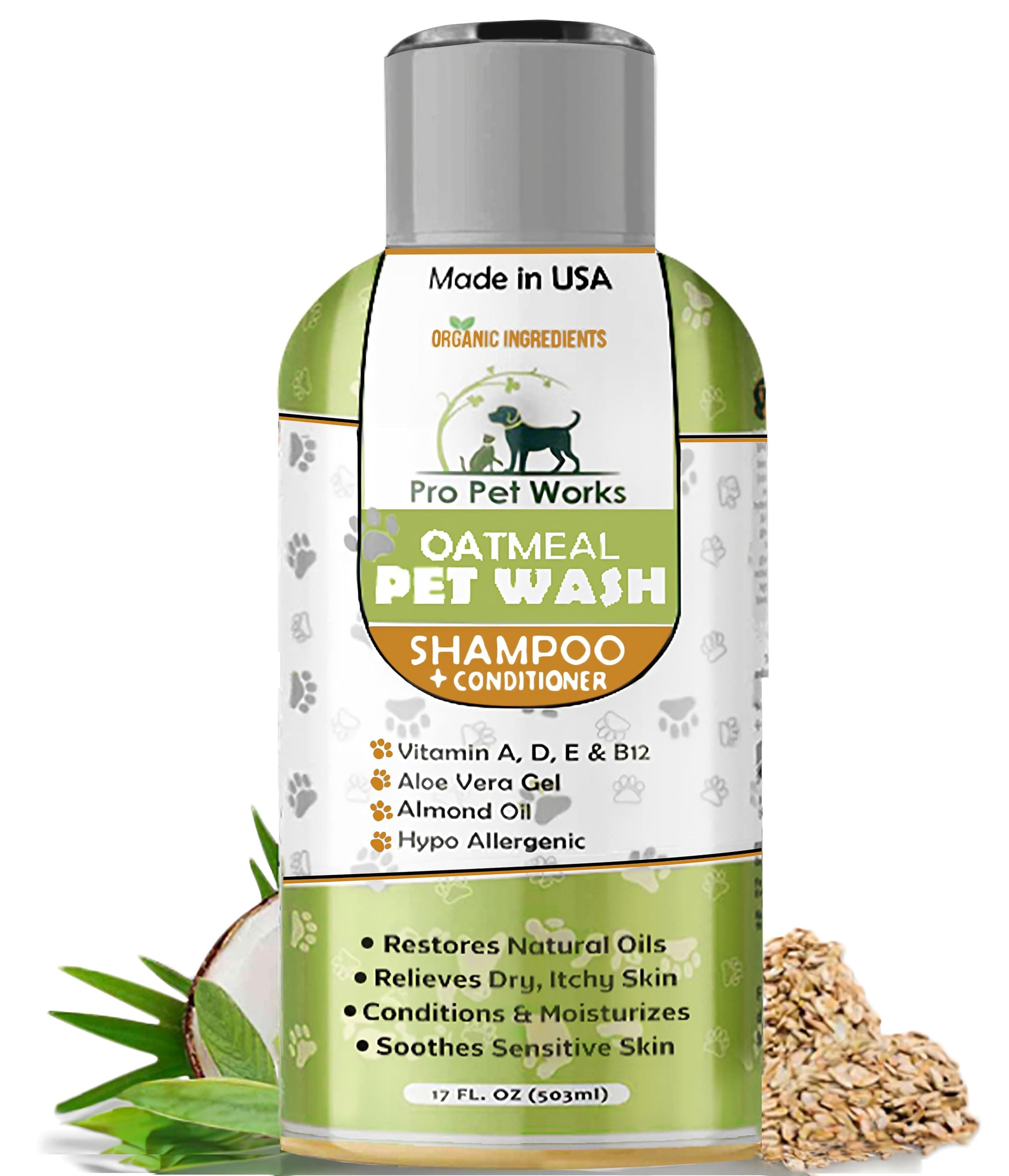 Oatmeal Dog Shampoo & Conditioner 17oz [USA] 5 in 1 Plant-Based Organic Sulfate-Free Soap-Free-Tearless Moisturizer for Dandruff Allergies & Itchy Dry Sensitive Skin-Puppy Grooming [Pro Pet Works] Oatmeal Pet Shampoo + Conditioner 17 oz