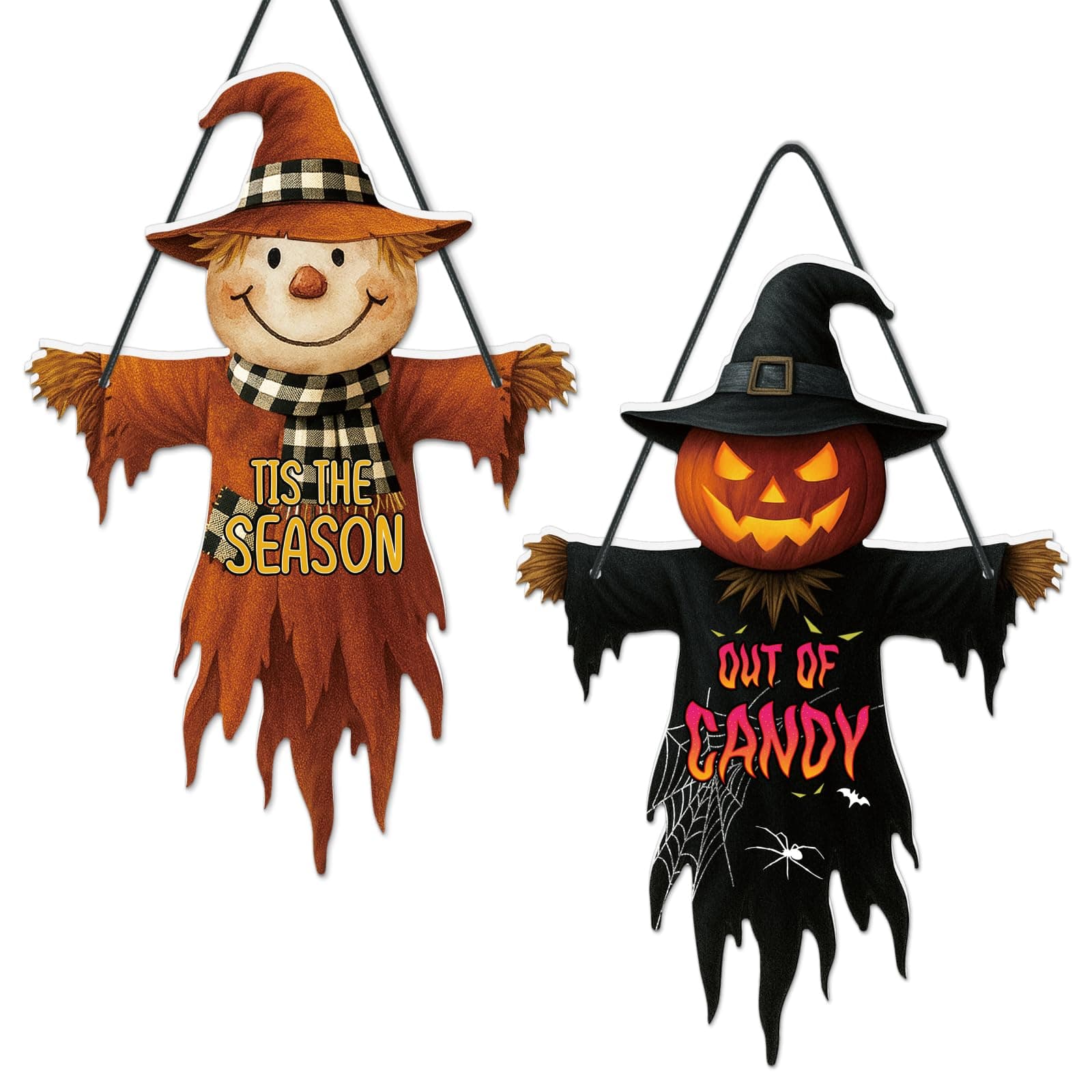 Putuo Decor Halloween & Fall Scarecrow Wall Art Sign, Double-Side Pumpkin Lantern “Out of Candy” & Smiling Face “Its The Season”, Reversible Hanging Decoration for Front Door, Porch, Garden, Home