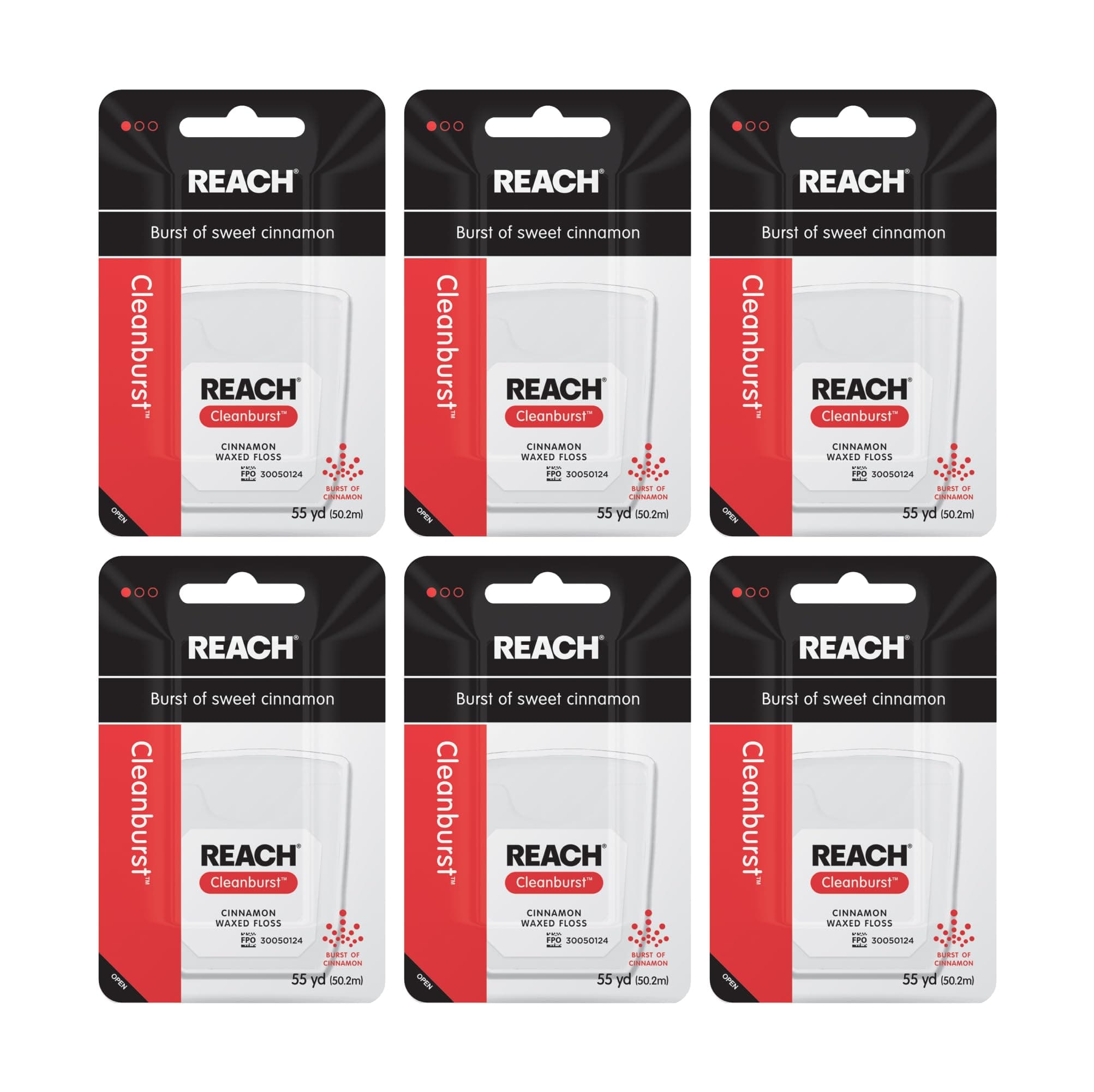 REACH Waxed Dental Floss, Cinnamon, Plaque Remover for Teeth, Shred Resistant, Floss Slides Smoothly, Easy to Use, Waxed, Deep Cleaning Teeth, Oral Care, PFAS Free, for Adults & Kids, 6 Pack, 55 yd 1 Count (Pack of 6)