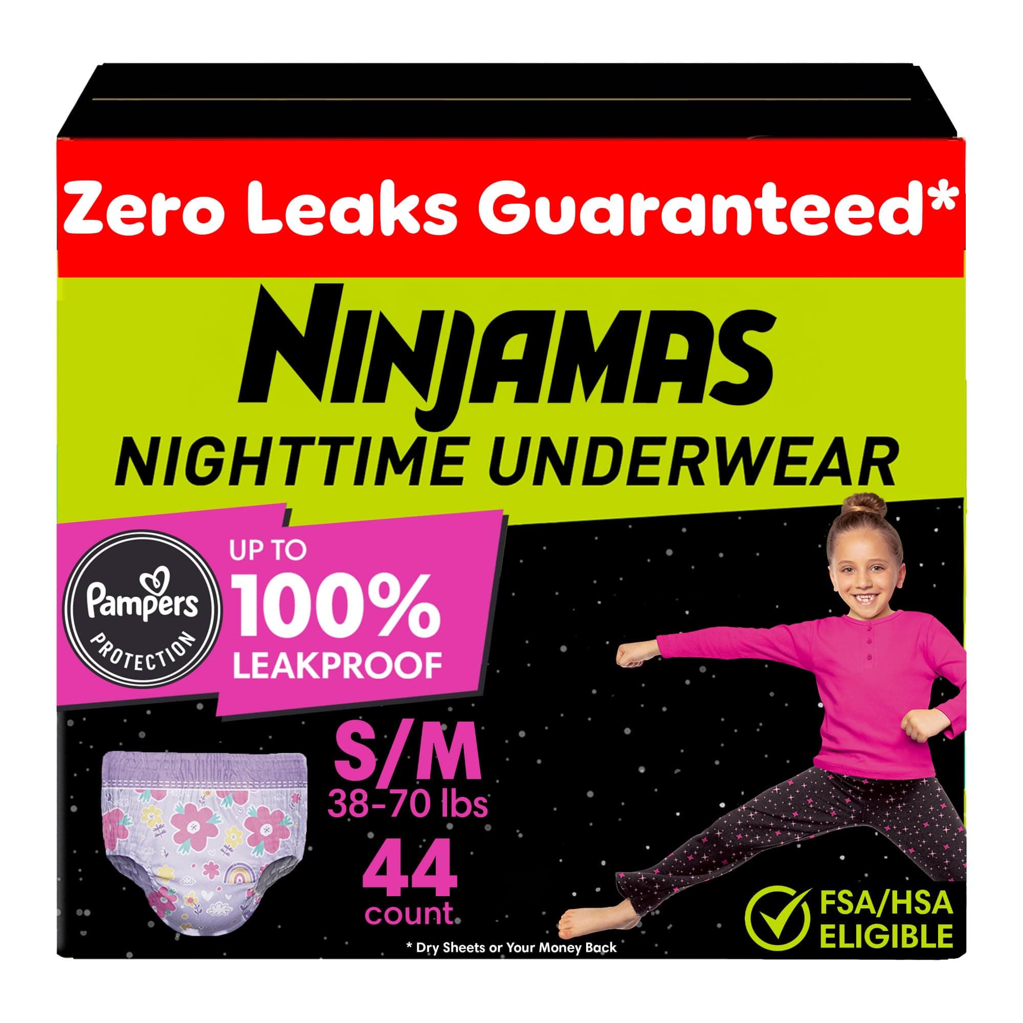 Ninjamas Girls Bedwetting Nighttime Underwear, Size S/M (38-70 lbs), 44 Count, Overnight Protection, Ultra Absorbent, Hypoallergenic Small/Medium 44