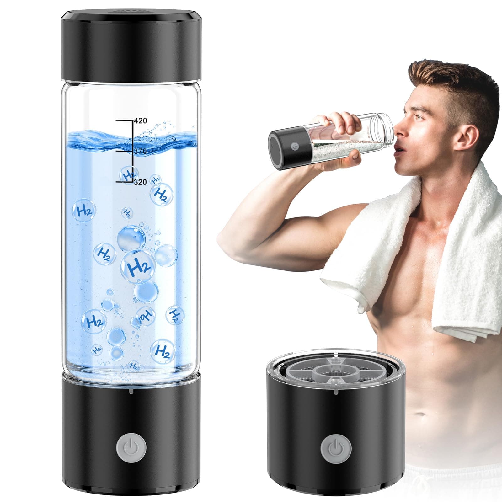 Hydrogen Water Bottle, 3Min 2200PPB Rapid Hydrogen Water Generator -SPE PEM Tech, 14OZ Portable Hydro Water Machine, Health Care Gifts for Husband, Wife, Family, Friends, Travel Black