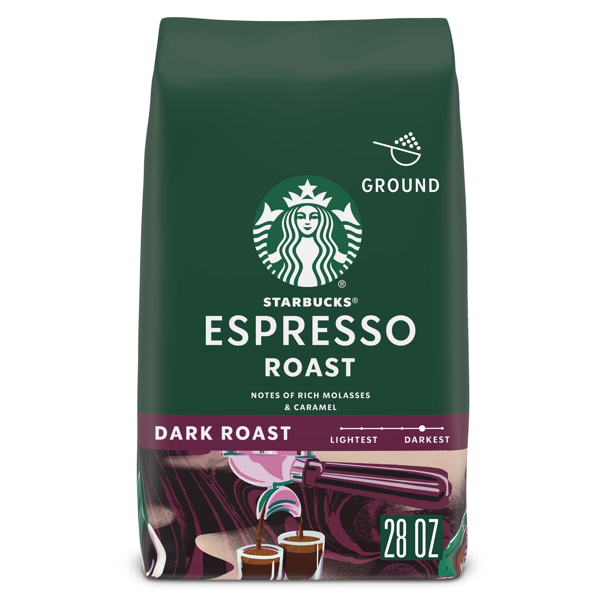 Starbucks Ground Coffee, Dark Roast Coffee, Espresso Roast, 100% Arabica, 1 bag (28 oz) 28 Ounce (Pack of 1)