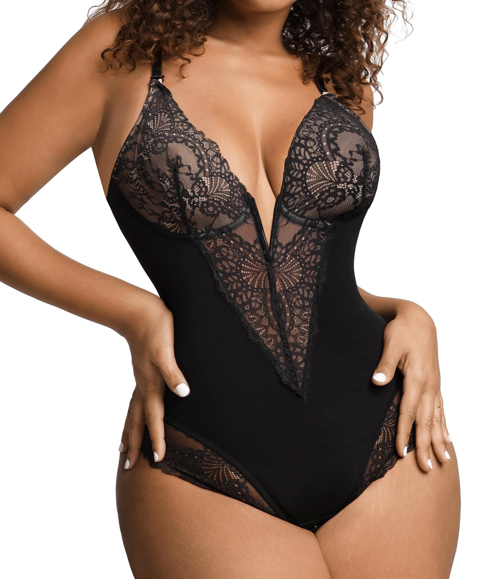 Popilush Shapewear Tummy Control Lace Bodysuits for Women Low Back Sleeveless V Neck Body Shaper Black XL