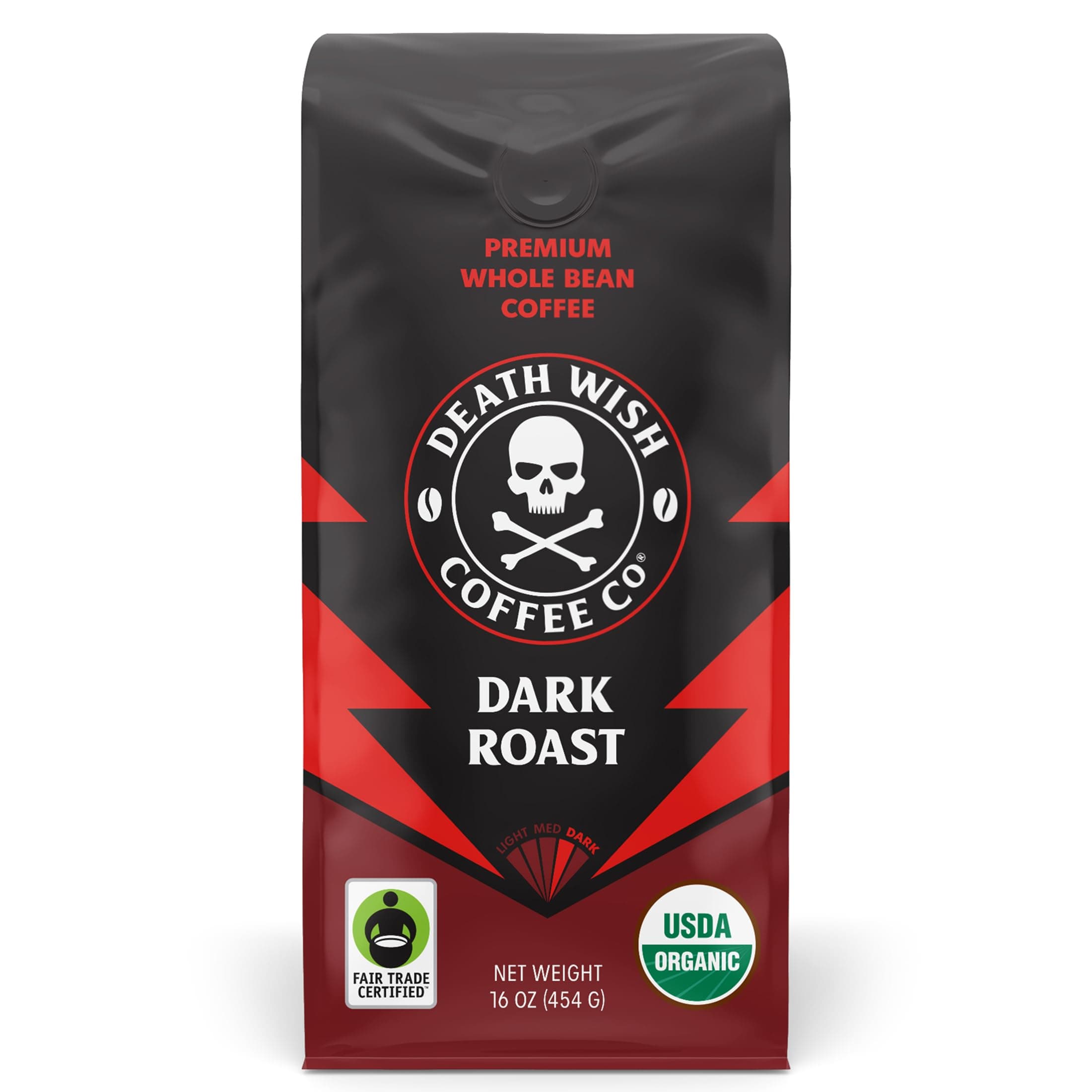 Death Wish Coffee, Organic and Fair Trade Dark Roast Whole Bean Coffee, 16 oz Dark Roast 16 Ounce (Pack of 1)