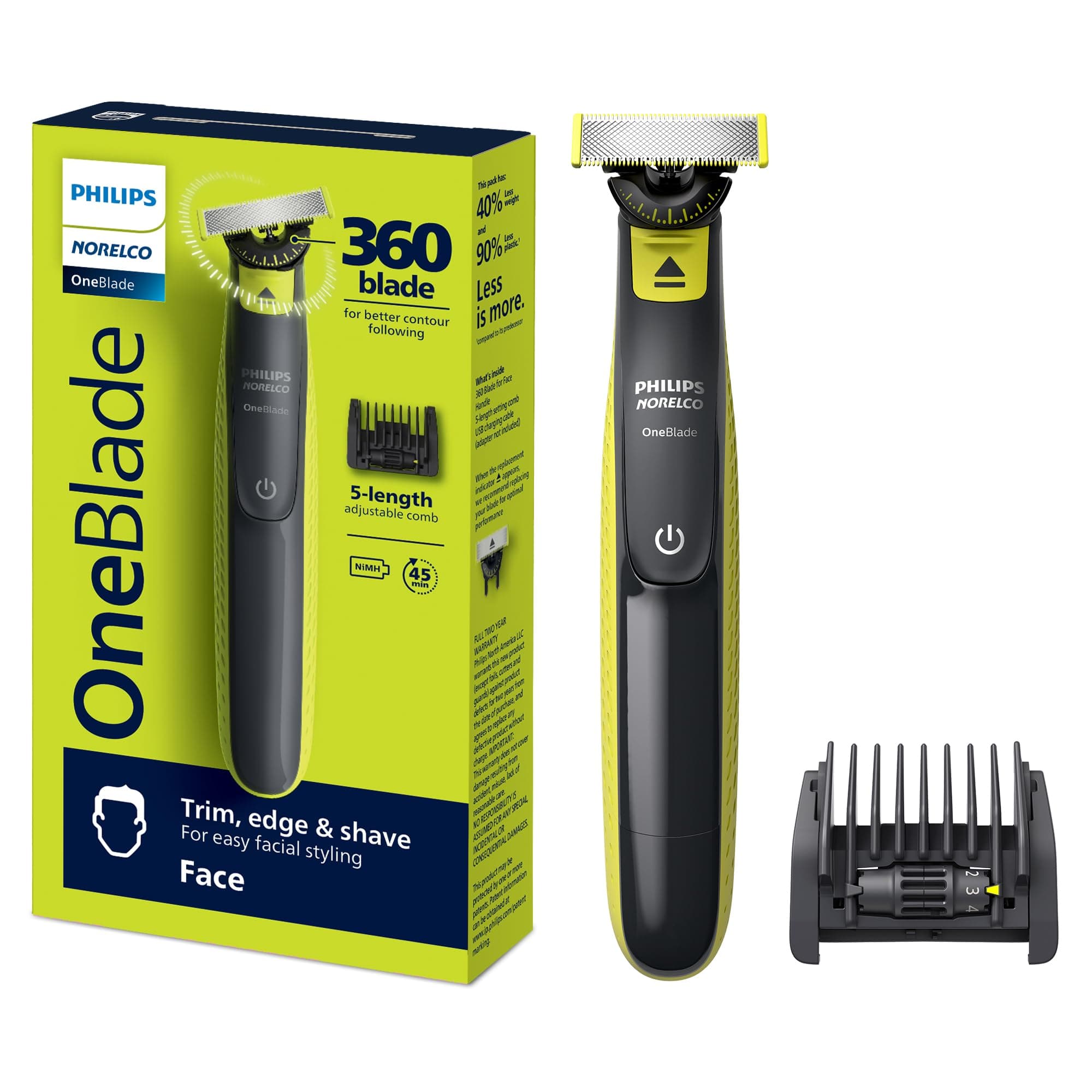 Philips Norelco One 360 Hybrid Face, Electric Beard Trimmer and Shaver, with 360 Technology, 1x 360 for Face, 5in1 Adjustable Comb, Model QP2724/90 Black & Lime Green OneBlade 360 Face