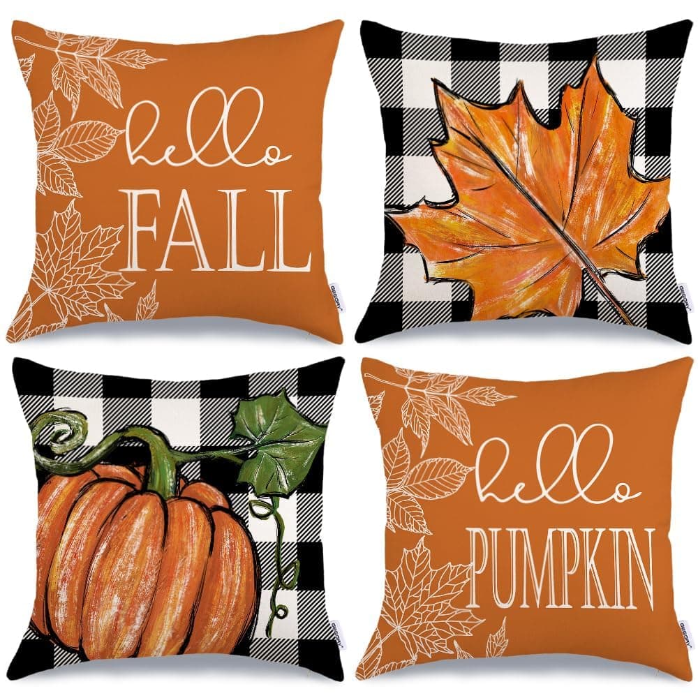 GEEORY Fall Pillow Covers 18x18 Set of 4, Buffalo Plaid Pumpkin and Maple Leaves Autumn Decorative Throw Pillows Farmhouse Decor Thanksgiving Decorations Cushion Case for Sofa Orange Pumpkin 18" x 18" (Pack of 4)