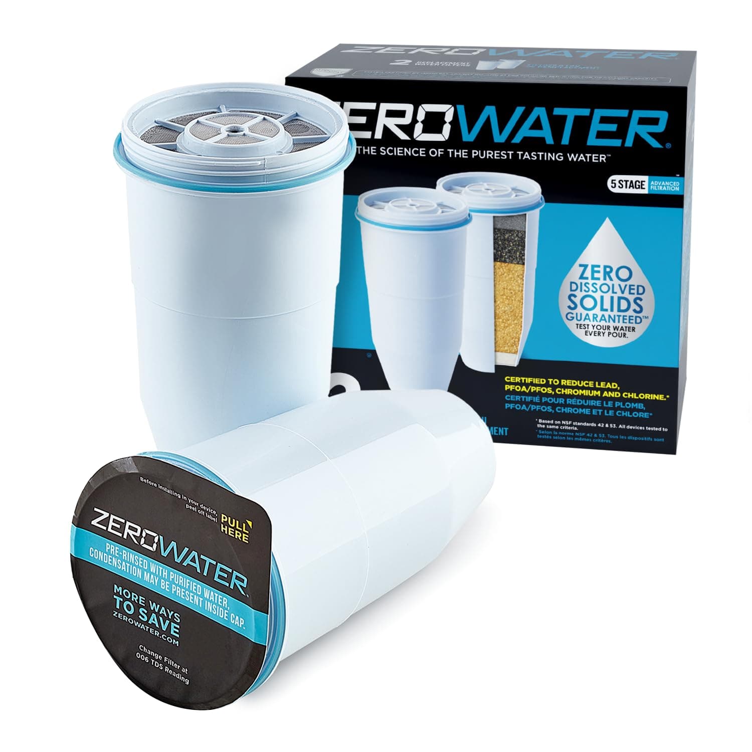 ZeroWater Official Replacement Filter - 5-Stage 0 TDS Filter Replacement - System IAPMO Certified to Reduce Lead, Chromium, and PFOA/PFOS, 2-Pack, White