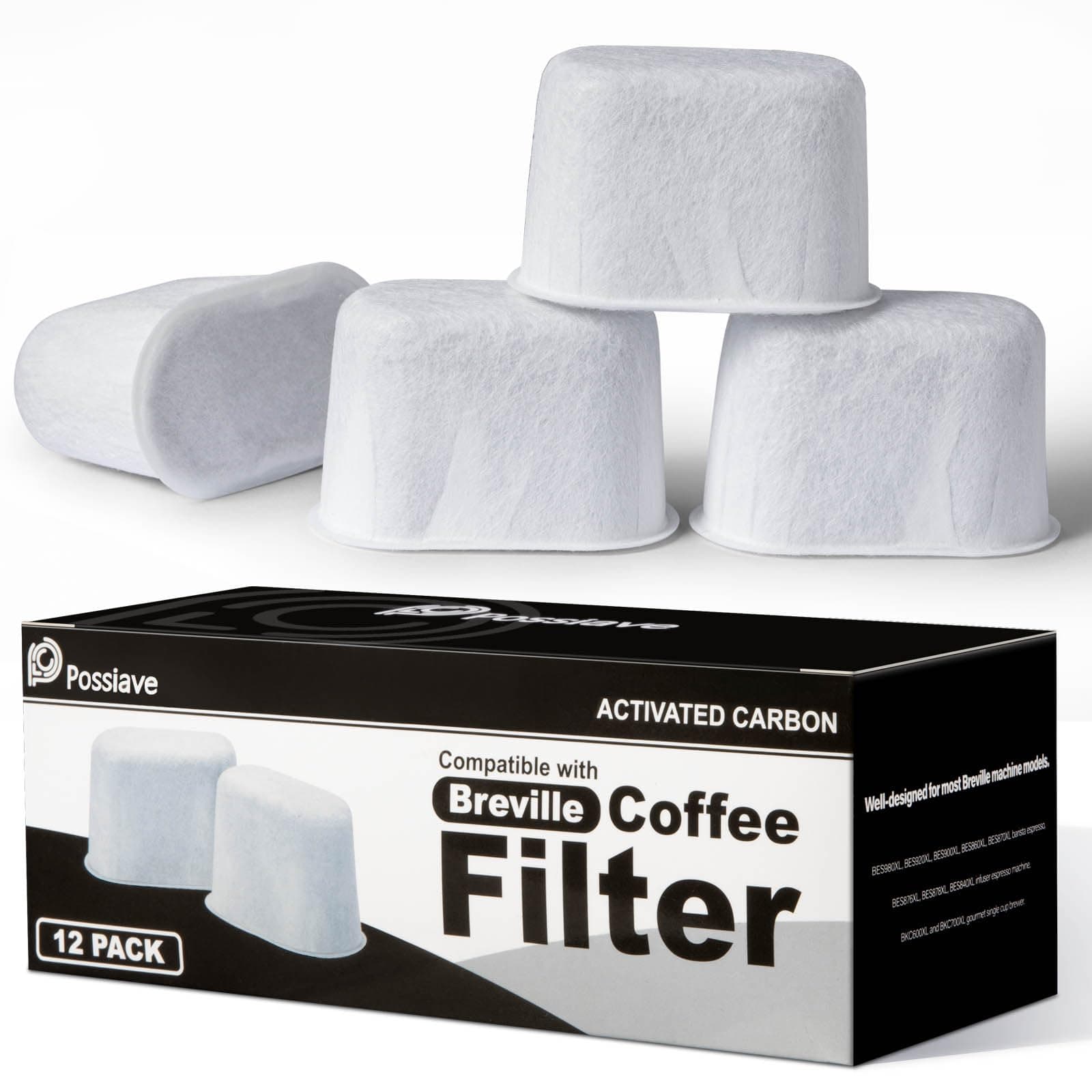 12-Pack Charcoal Water Filters Compatible with Breville BWF100 Machines, Breville Espresso Machine Water Filter Replacement 12 Pack