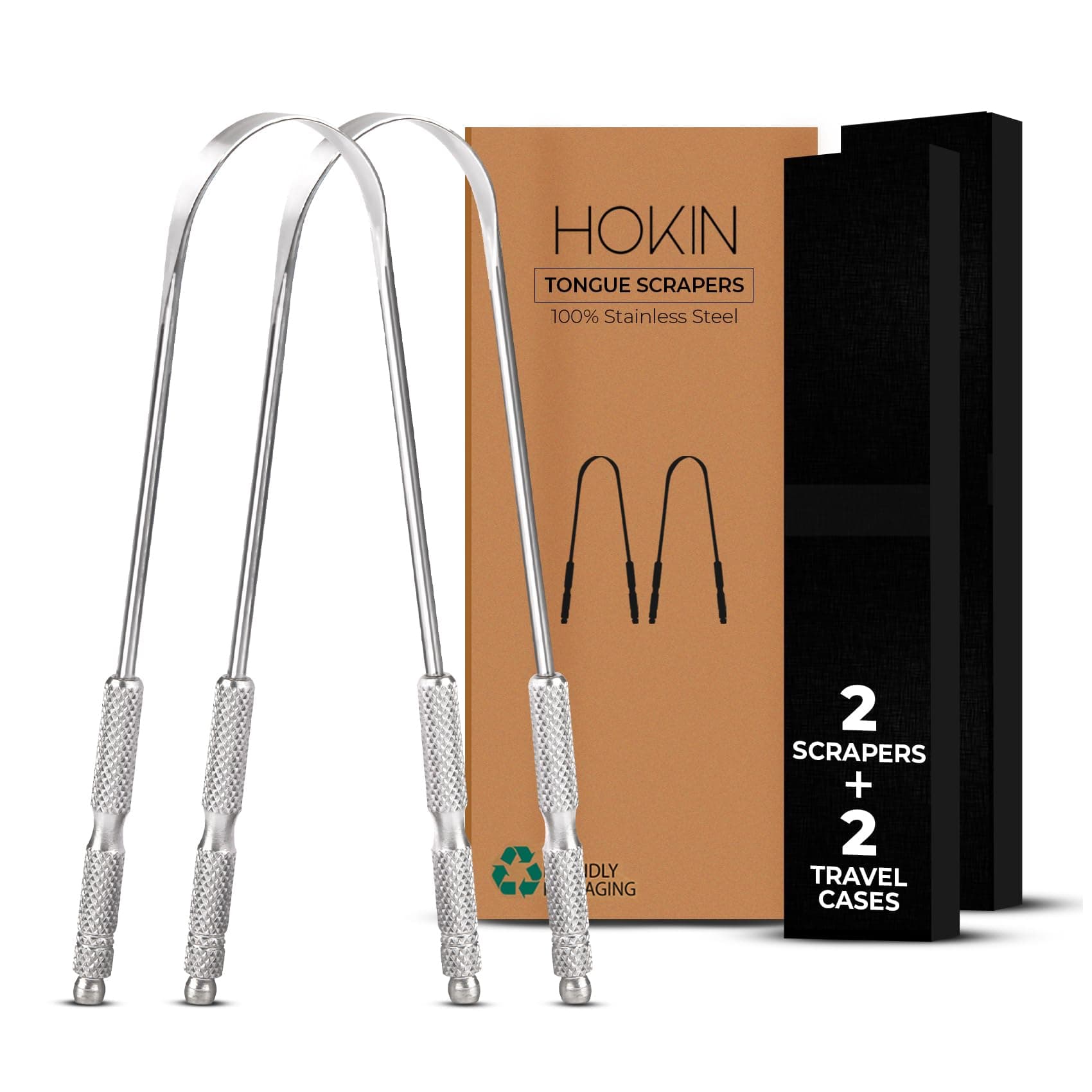 Tongue Scraper for Adults by HOKIN (2Pcs Oral Care Pack) Stainless Steel Tongue Cleaners Reduce Bad Breath 100% Metal Tough Scrapers Men and Women Hygiene Product 2 Count (Pack of 1) U Shaped Silver