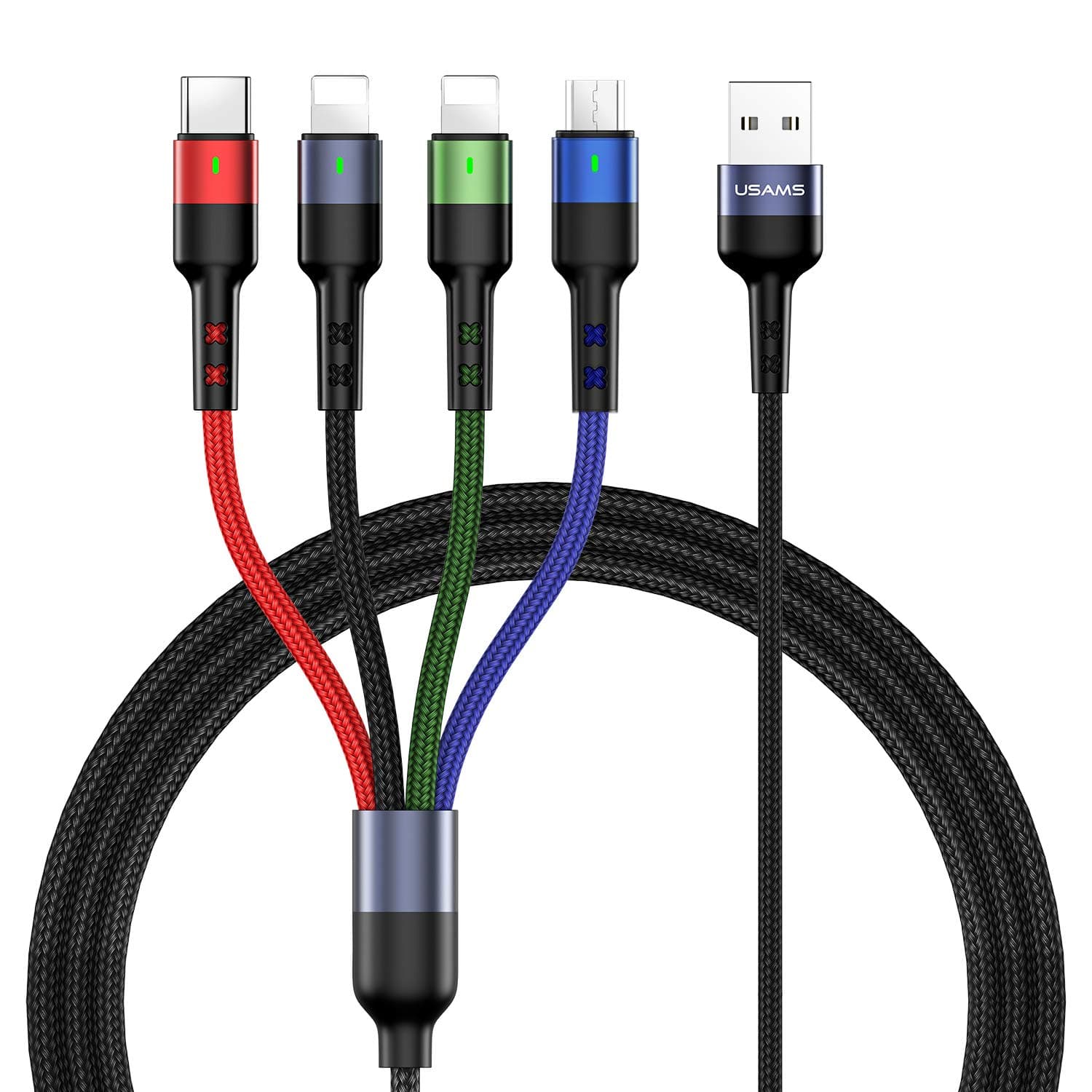 USAMS Multi Charging Cable 2Pack 4FT 4 in 1 Nylon Braided USB Fast Charging Cord Adapter Type C Micro Port Compatible Cell Phones Tablets and More 4ft Multicolored