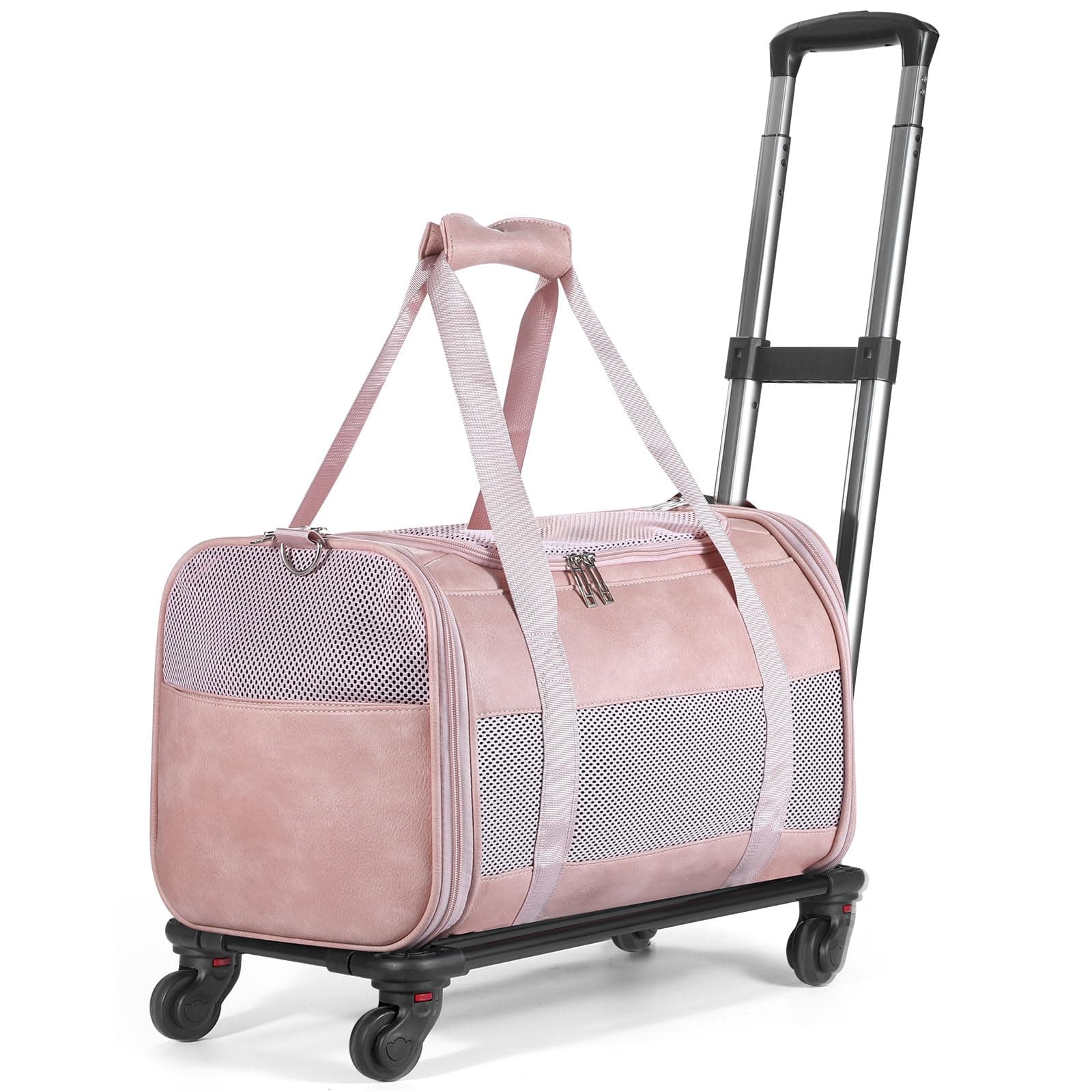 Airline Approved Pet Carrier with Wheels, Rolling Soft Sided Dog Cat Travel Bag, Premium Fashion Leather Small Pet Carrier Purse for Puppies and Cats Pink