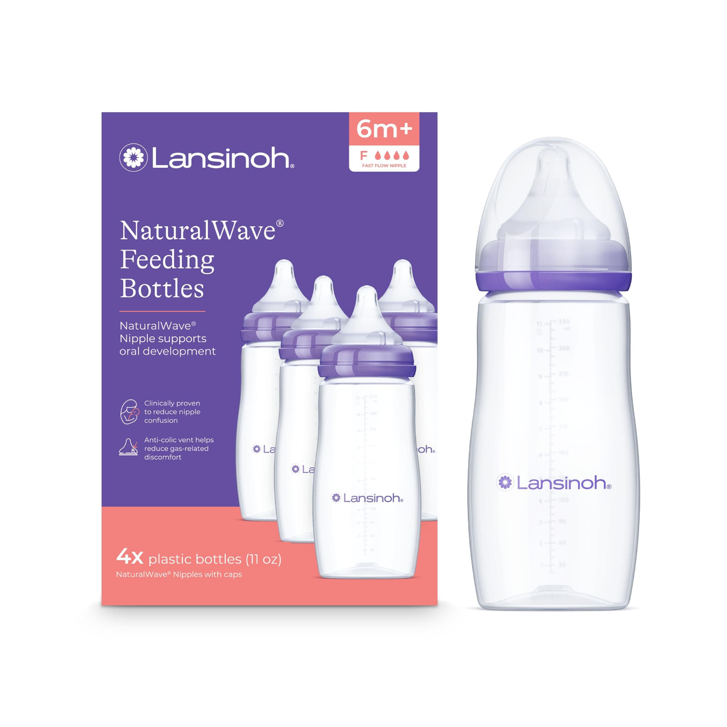 Lansinoh Anti-Colic Baby Bottles for Breastfeeding Babies, 11 Ounces, 4 Count, with 4 Fast Flow Nipples, Size F 11 Ounce, Fast Flow, 4 Count