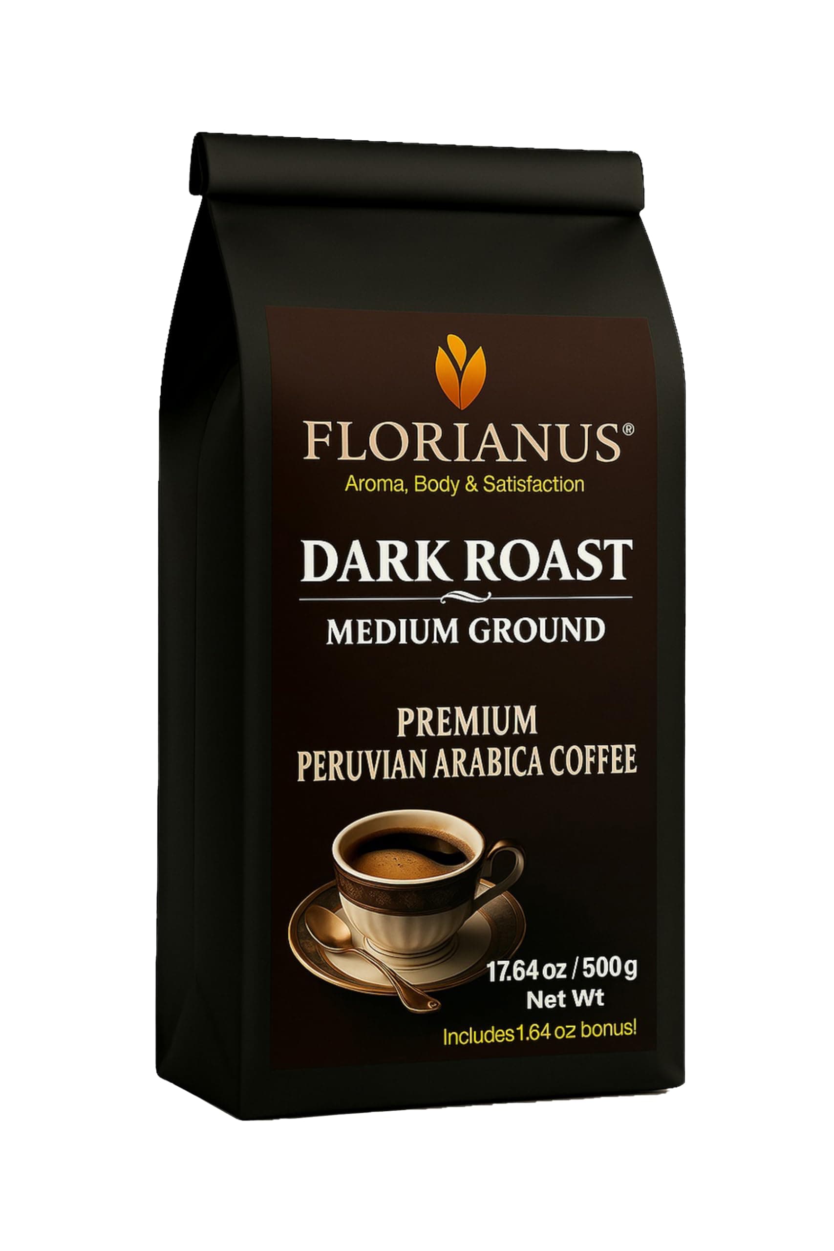 FLORIANUS COFFEE – Dark Roast – Medium Ground – 17.64 oz (500g) – 100% Arabica – Peruvian Coffee with Intense & Bold Flavor