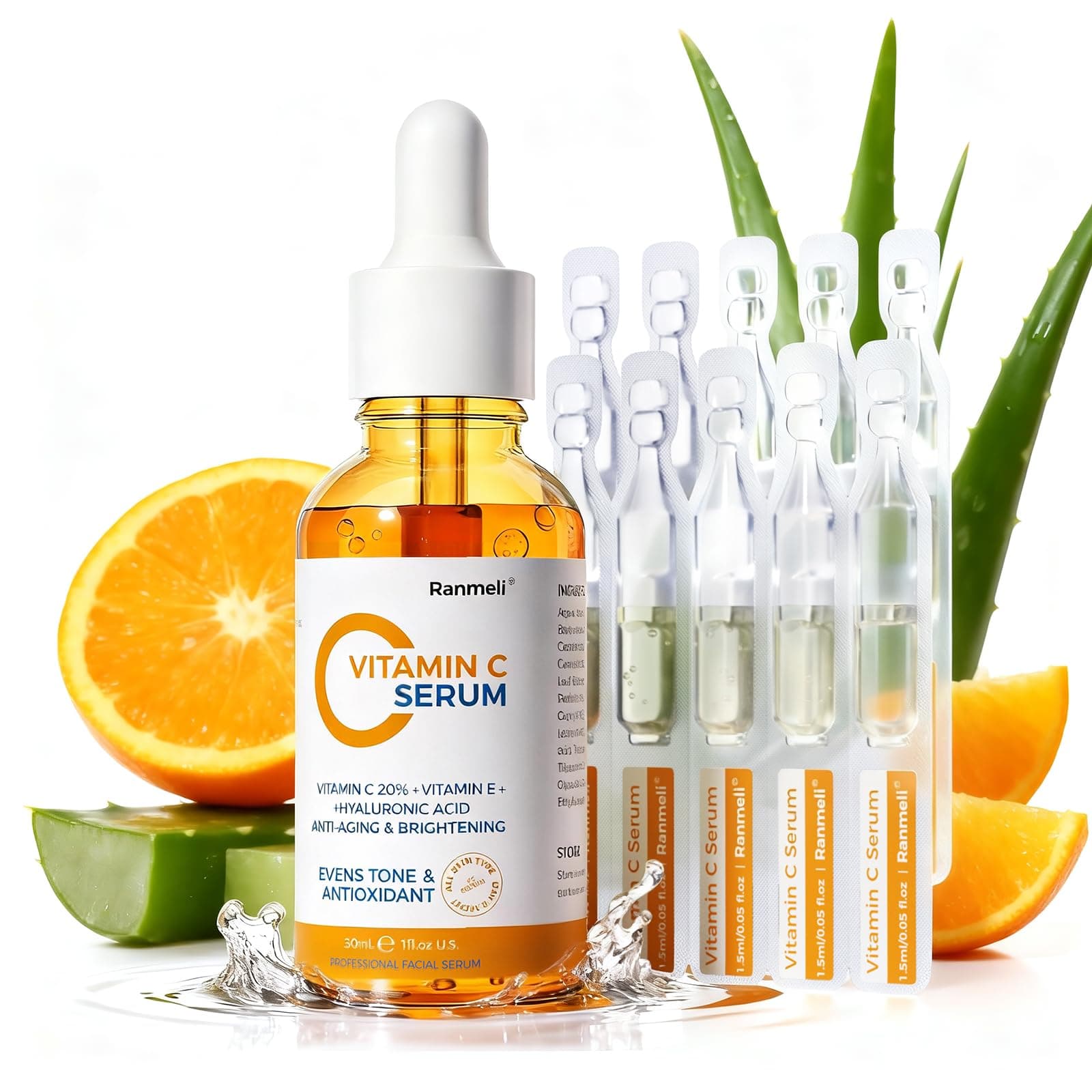 ranmeli Vitamin C Serum for Face,20% Natural Vitamin C Facial Serum with Sodium Hyaluronat,Vitamin E,Anti Aging&Wrinkle Skin Face Serum for Dark Spots &Fine Lines,All Type Skin Care 1 fl.oz+ 0.05 fl.oz x 10e 1.5 Fl Oz (Pack of 1)