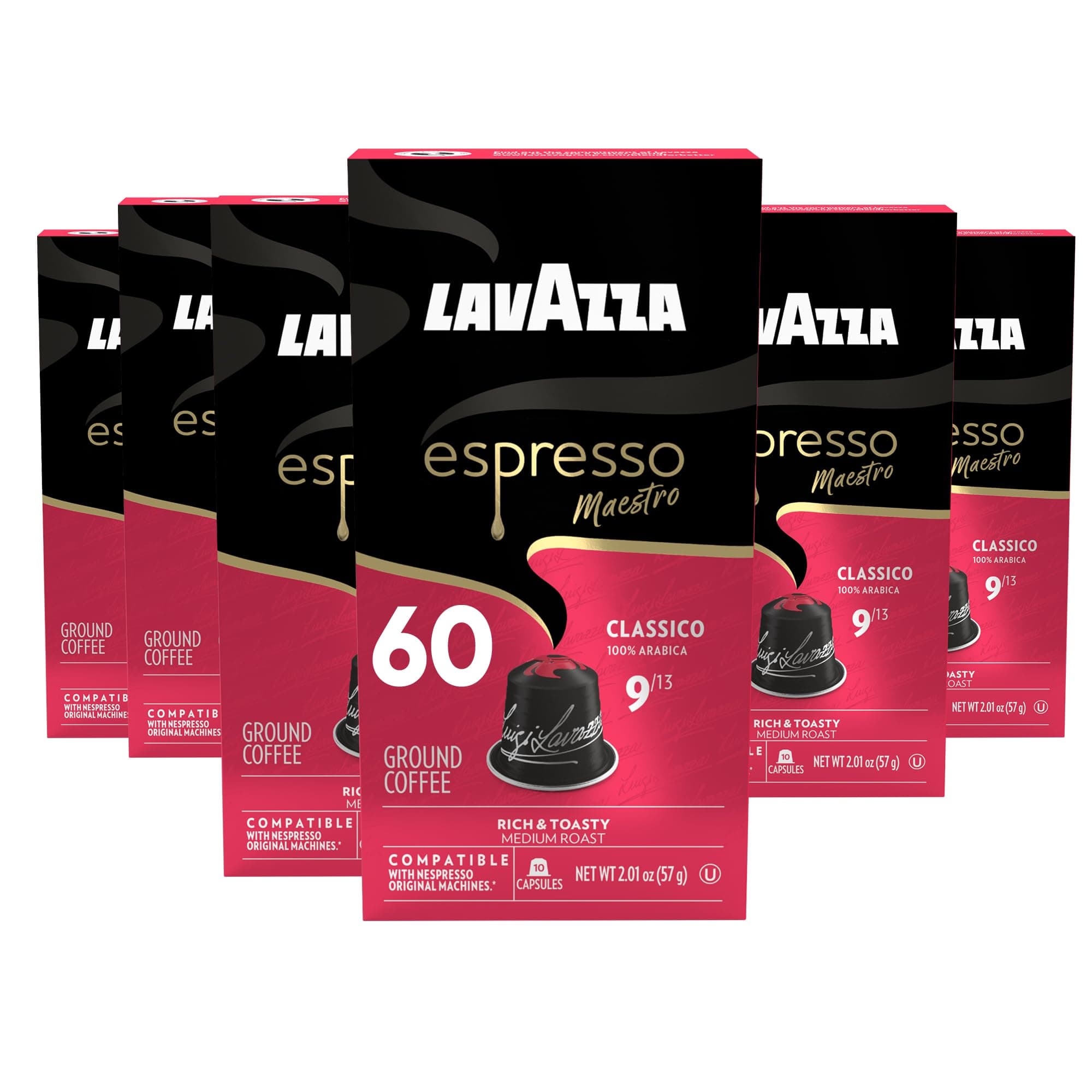 Lavazza Espresso Maestro Classico Aluminum Capsules Compatible with Nespresso* Original Machines, Medium Espresso Roast, 100% Arabica (60 Capsules) Original 10 Count (Pack of 6)