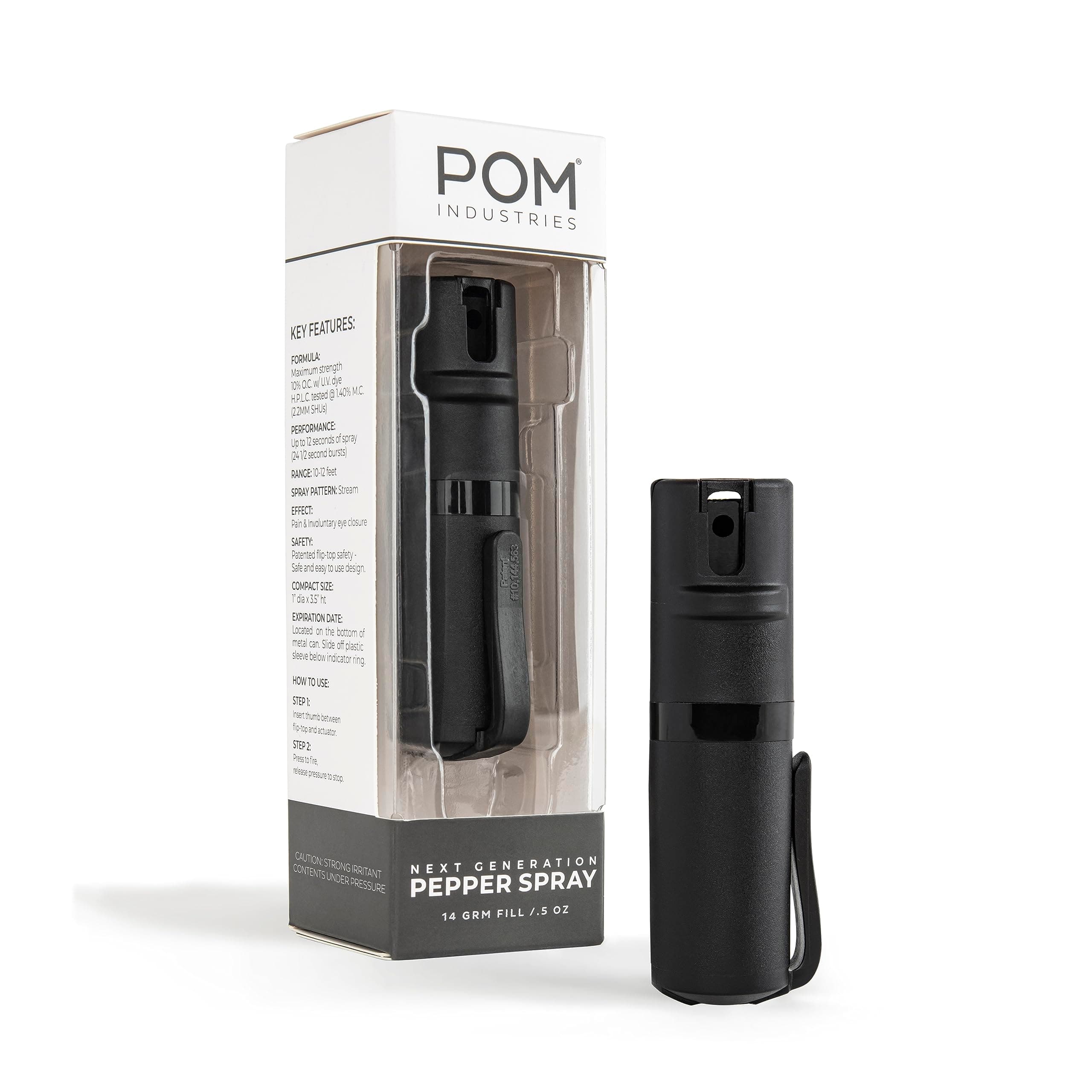 POM Pepper Spray Pocket Clip, Quick Flip Top Safety, Maximum Strength OC Formula with UV Marking Dye, Safe Compact and Tactical Design for Everyday Carry, 25 Bursts, 10 ft Range, 0.5 fl oz 1 Pack (Save 12%) Black Black