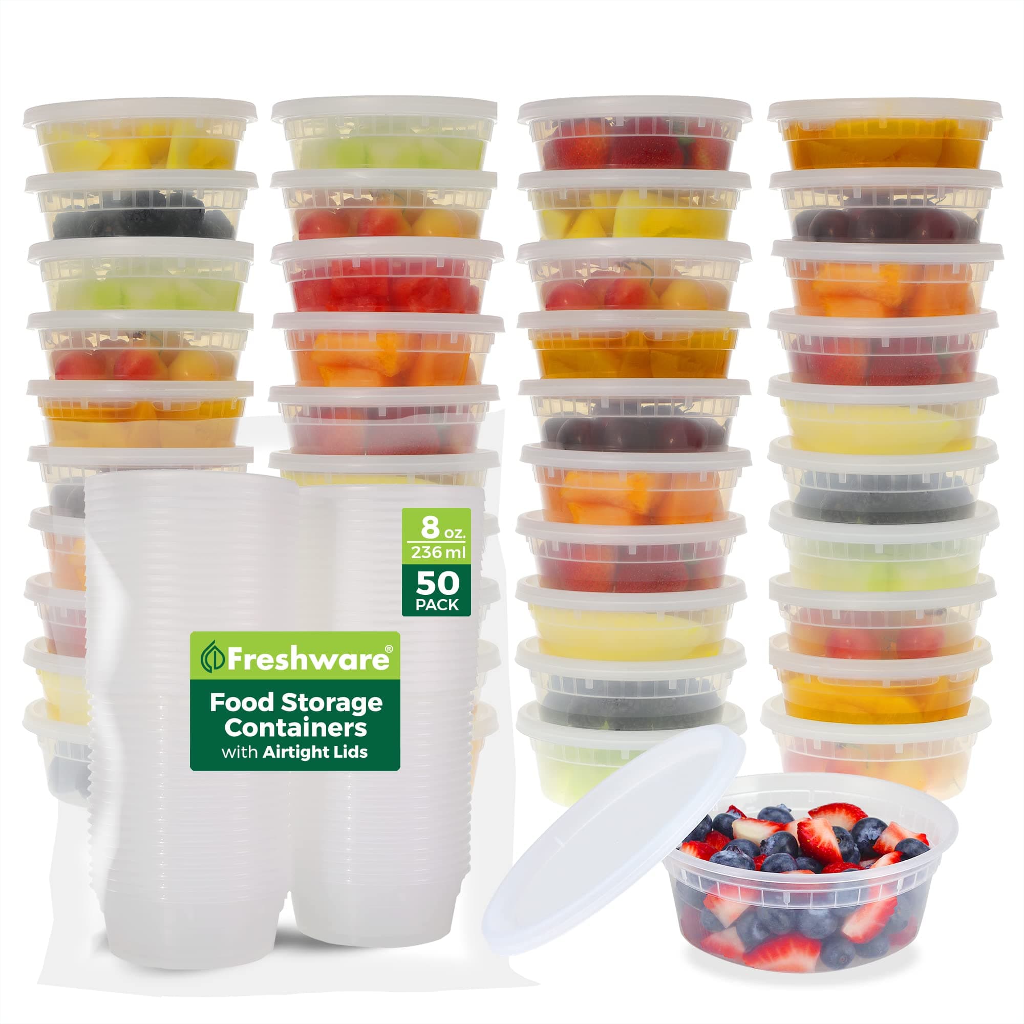 Freshware Food Storage Containers [50 Set] 8 oz Plastic Deli Containers with Lids, Slime, Soup, Meal Prep Containers | BPA Free | Stackable | Leakproof | Microwave/Dishwasher/Freezer Safe 8 oz, 50-Set