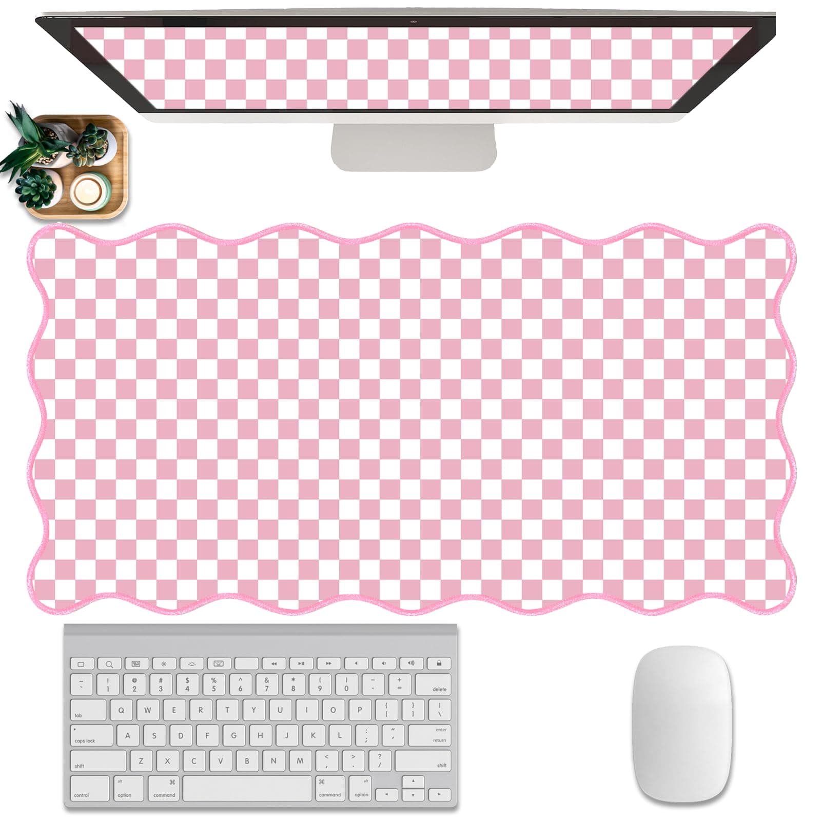 Scalloped Desk Mat Extended Large Cute Pink Mouse Pad Farmhouse Desk Pad XXL Aesthetic Plaid Mousepad Checkered Gaming Mouse Pad for Keyboard Computer Laptop Home Office Accessories Girl 31.5X15.7Inch