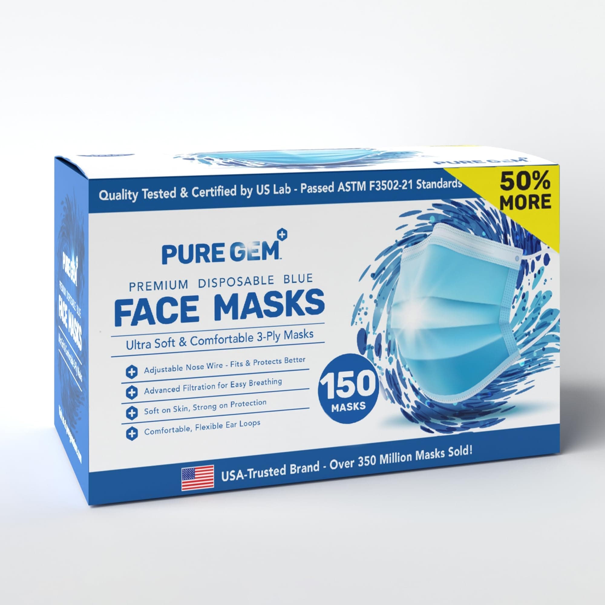 PURE GEM [Pack of 150] Single Use Disposable Blue Face Mask, Soft on Skin, 3-ply Masks Facial Cover with Elastic Earloops Great For Home, Office, School, and Outdoors 150 Masks
