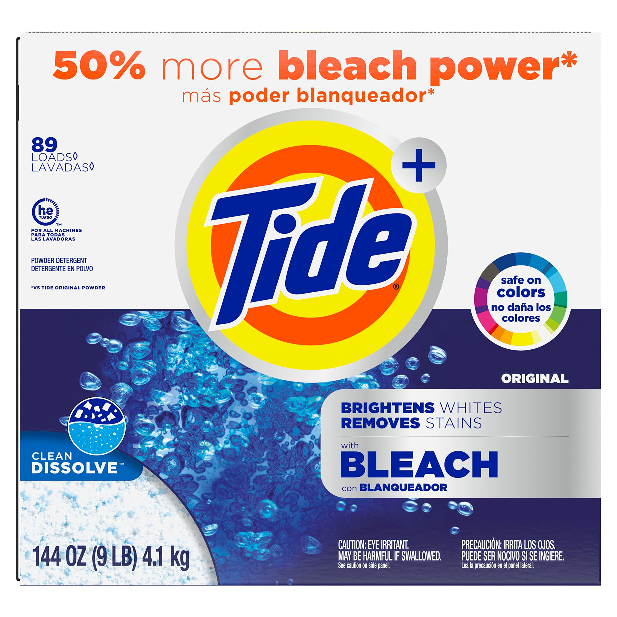 Tide plus Bleach Powder Laundry Detergent, Original, 144 oz, 89 loads Original 144 Ounce (Pack of 1)