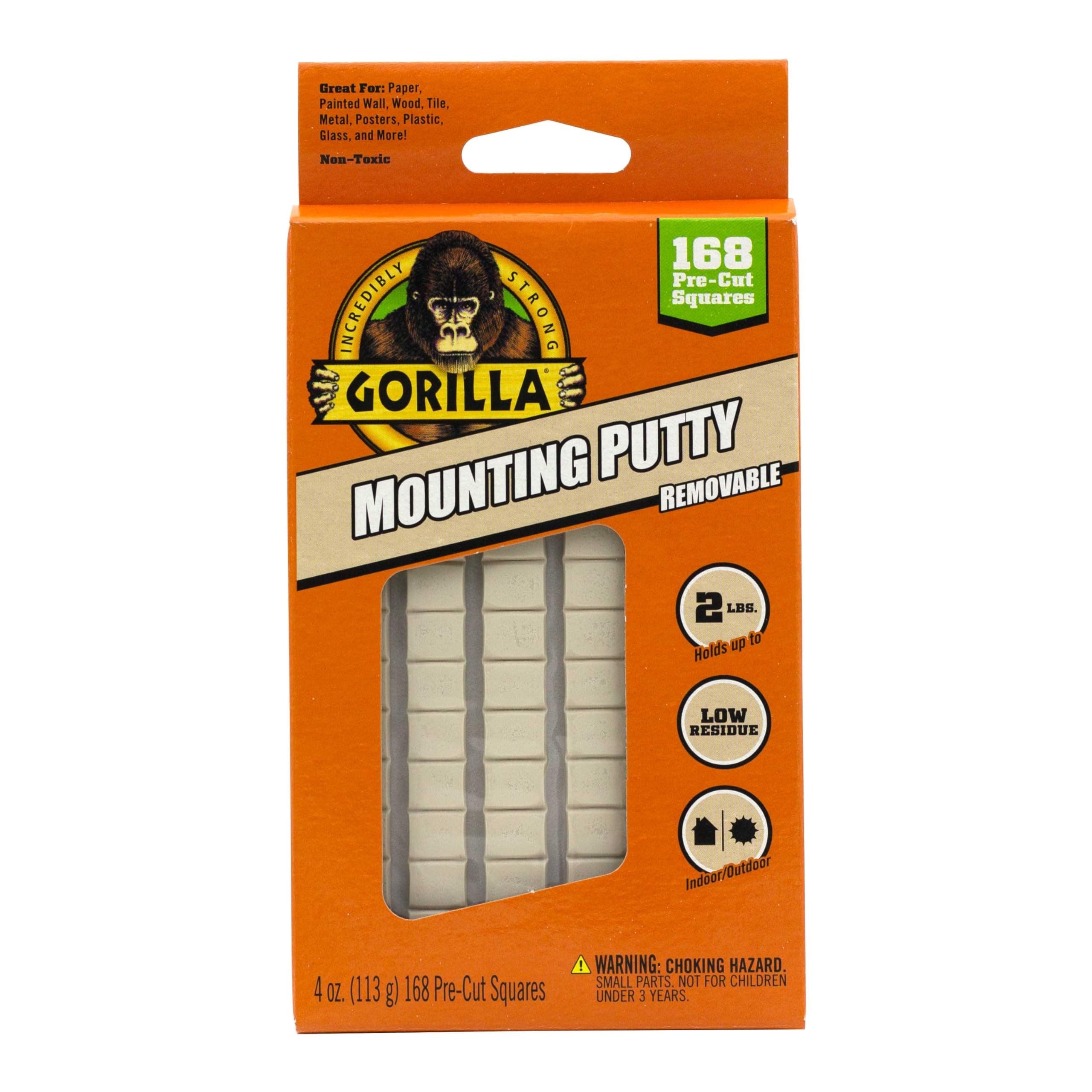 Gorilla Mounting Putty, Natural Tan Color, 168 Pre-Cut Squares (Pack of 1) - Non-Toxic Removable & Repositionable Wall Putty 4 Ounce 1 Pack