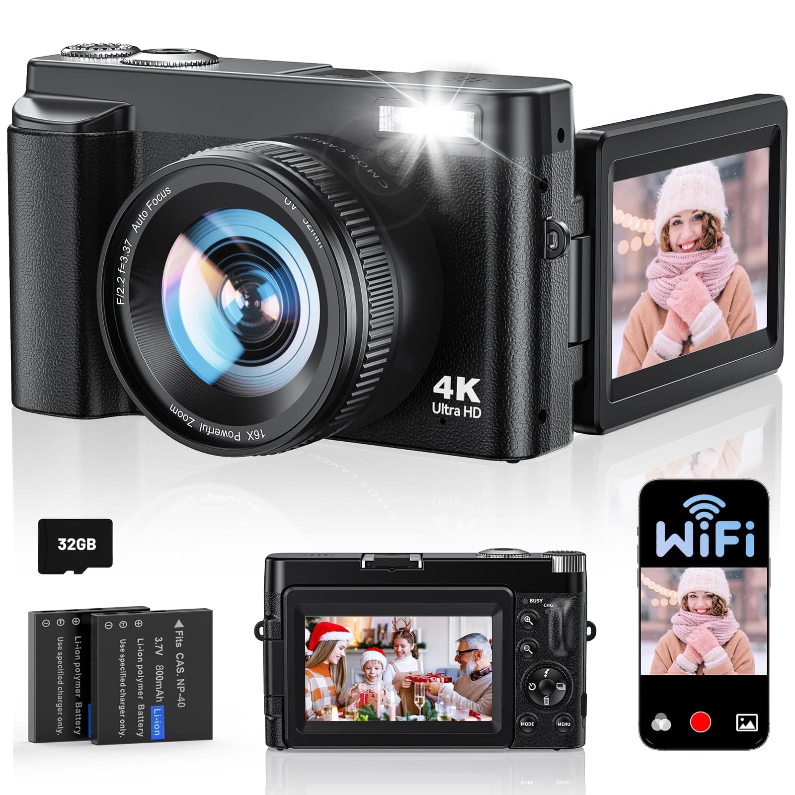 4K Digital Camera for Photography, WiFi Autofocus 64MP Vlogging Camera for YouTube, 180° 3" Flip Screen 30FPS Video Cameras with Flash Anti-Shake 16X Zoom 32GB Card, Compact Travel Digital Camera
