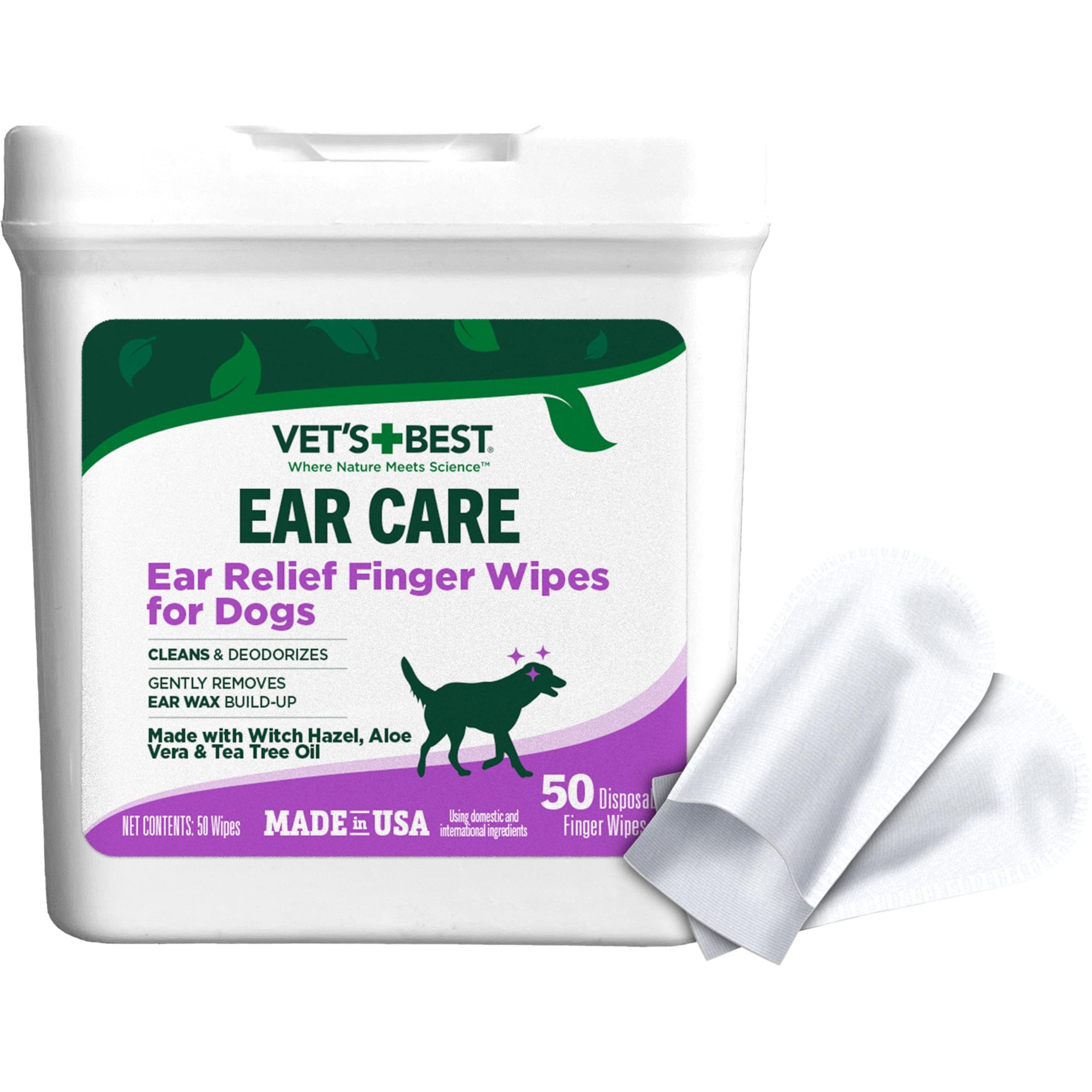 Vet's Best Ear Relief Finger Wipes, Ear Cleansing Finger Wipes for Dogs, Sooths & Deodorizes, 50 Disposable Dog Wipes