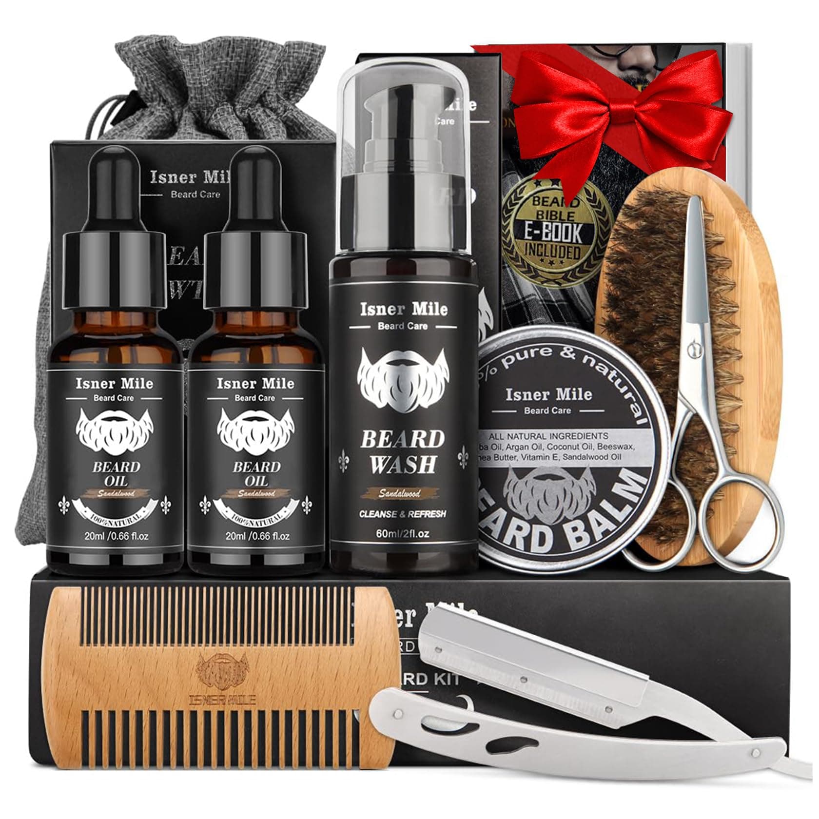 Isner Mile Beard Grooming Kit for Men Care: Trimming Sets with Beard Wash - Oil - Balm - Brush - Comb & Straight Razor, Birthday Christmas Gifts Mens Stocking Stuffers for Him Boyfriend Dad Husband Sandalwood