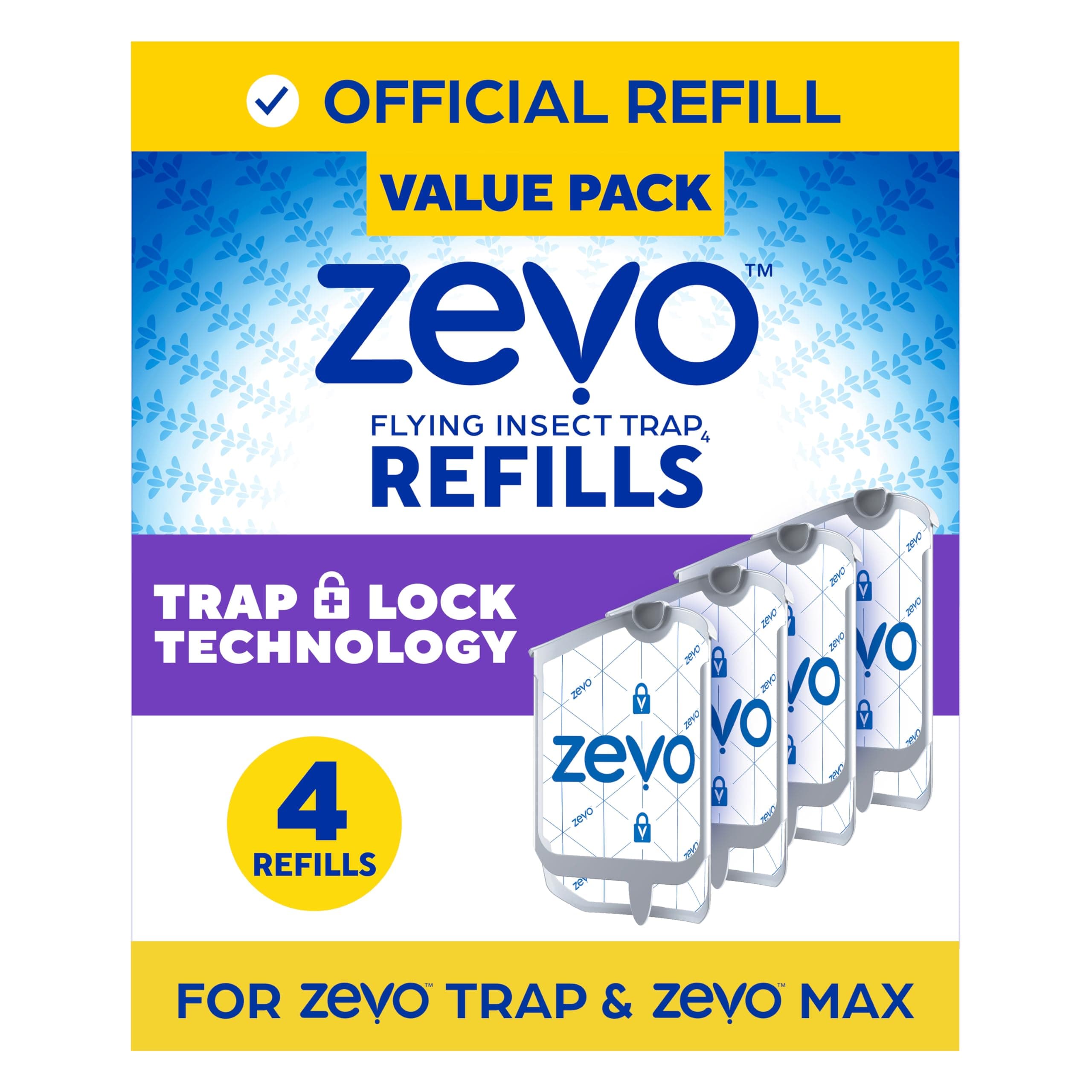 Zevo Flying Insect Trap Official Refill Cartridges - Fits Both Zevo Trap & MAX Indoor Fly Trap - Authentic Trap+Lock Technology to Catch Gnats, House & Fruit Flys (4 Official Refill Cartridges) 4 Refill Cartridges