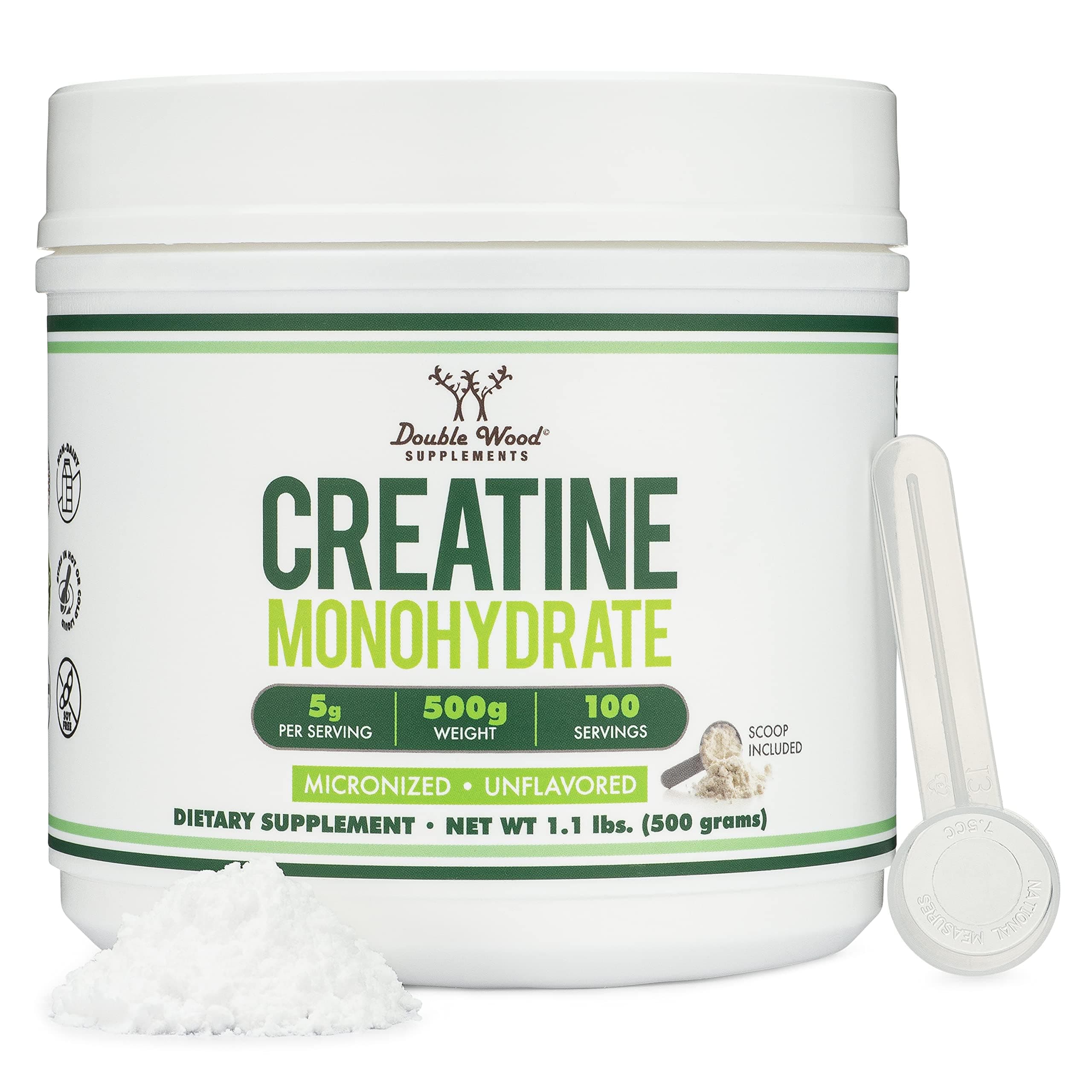 Creatine Monohydrate Powder 1.1lbs (100 Servings of 5 Grams Each) - No Fillers, Vegan Safe, Non-GMO, Gluten Free by Double Wood 1.1 Ounce (Pack of 1)